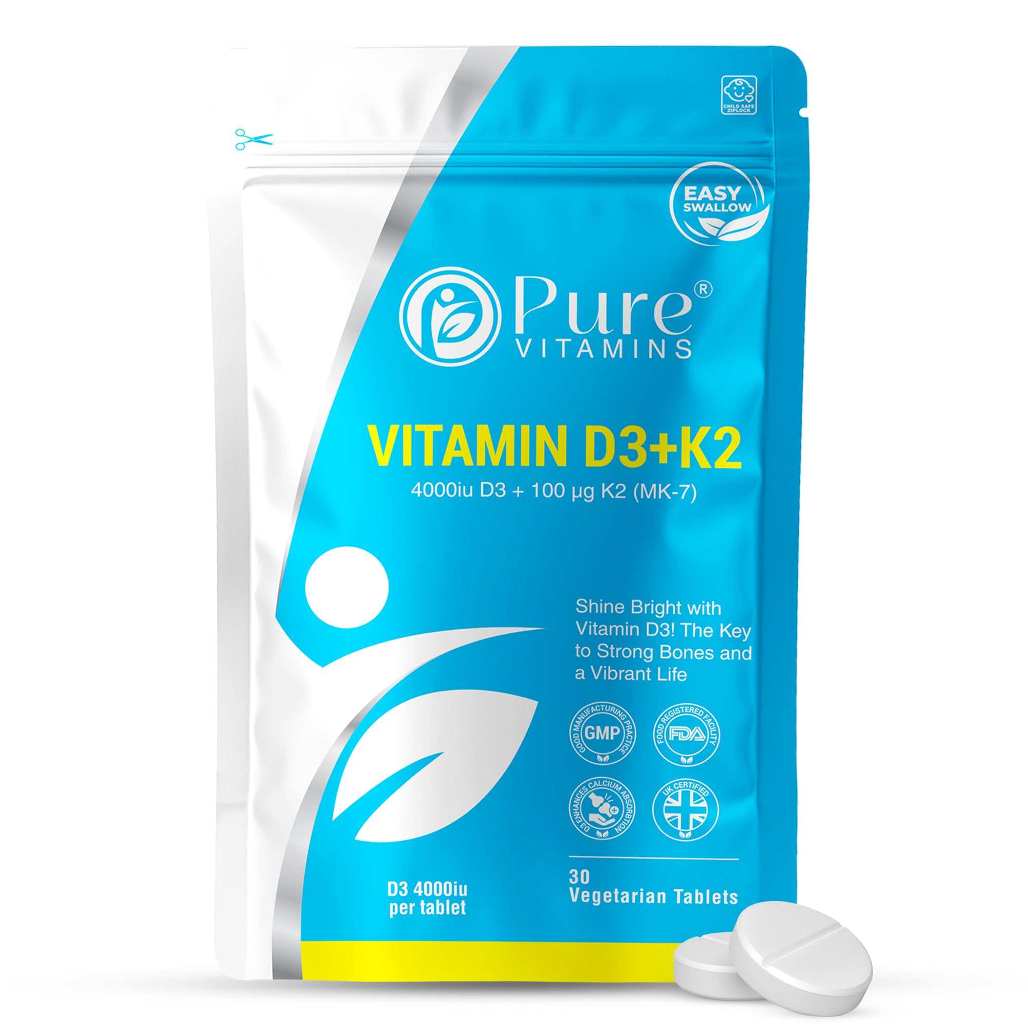 Pure Vitamins Vitamin D3 + K2 Tablets, 4000 IU D3 and 100 micrograms K2 as MK-7, 30 vegan tablets