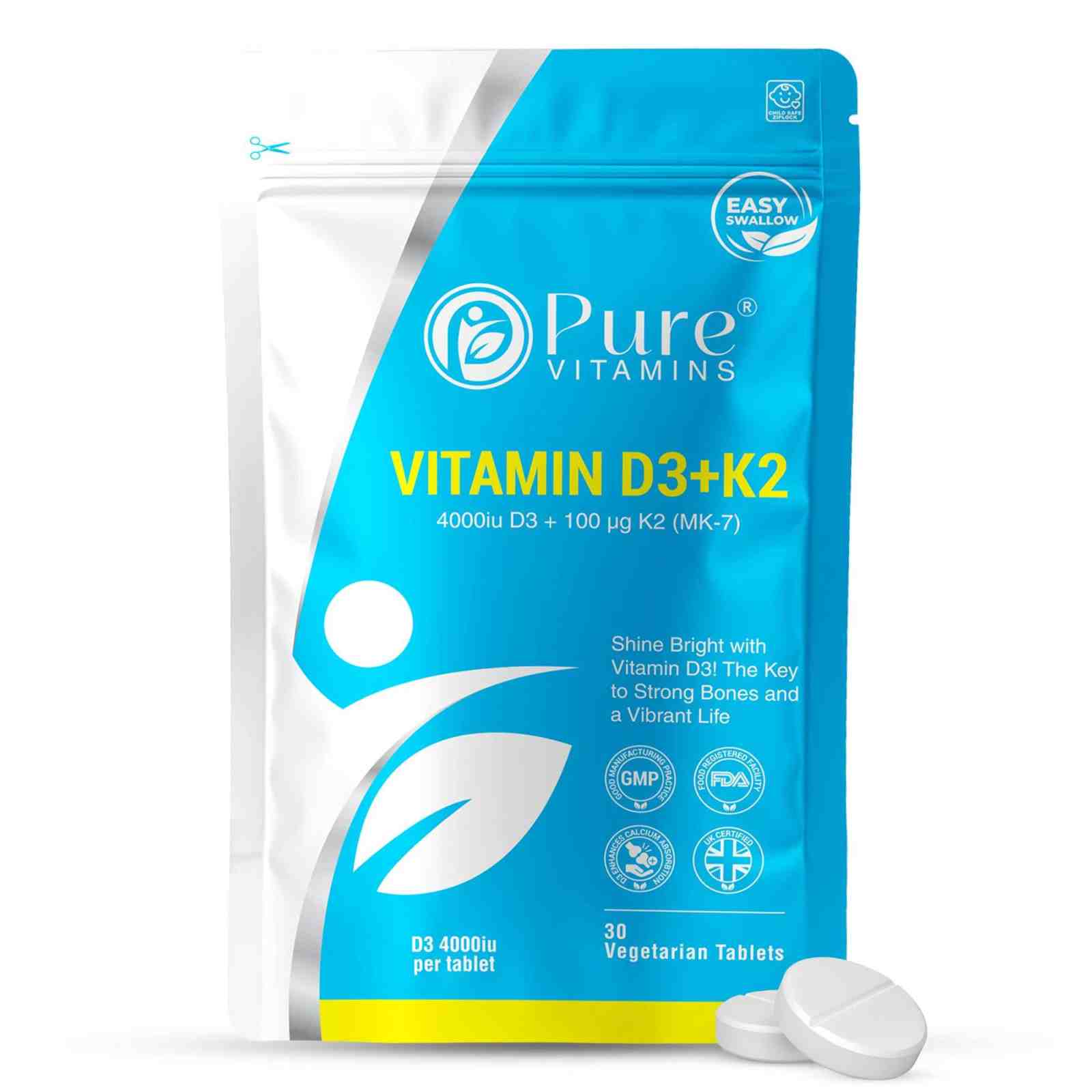 Pure Vitamins Vitamin D3 + K2 tablets, 4000 IU D3 and 100 micrograms K2 MK-7, GMP certified, vegetarian packaging