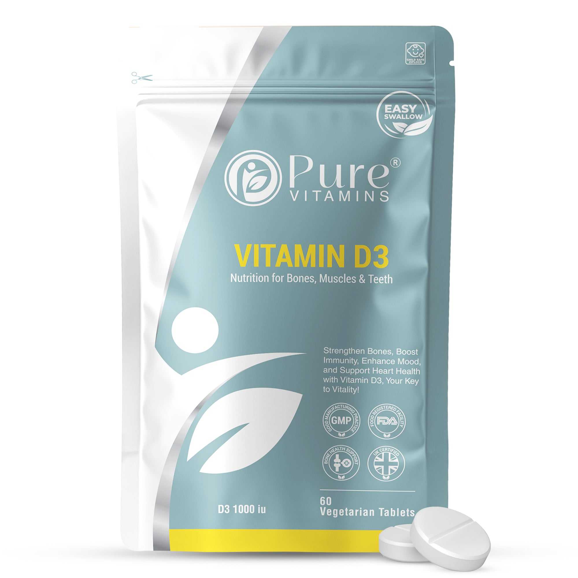 Vitamin D3 tablets 1000 IU pouch front - Pure Vitamins UK