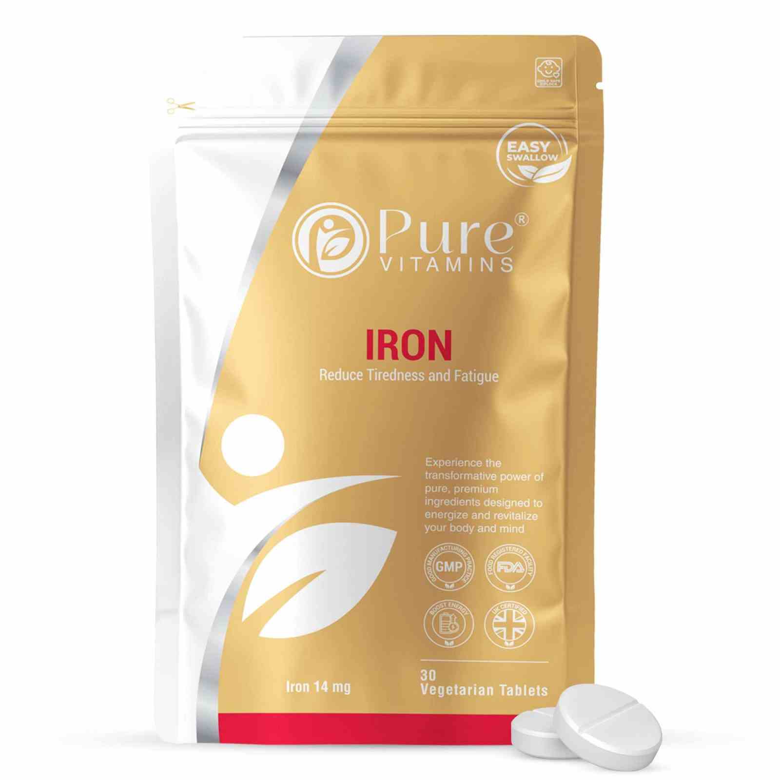 Pure Vitamins UK iron supplement with ferrous fumarate, vitamin C, B12, and folic acid to increase ferritin levels