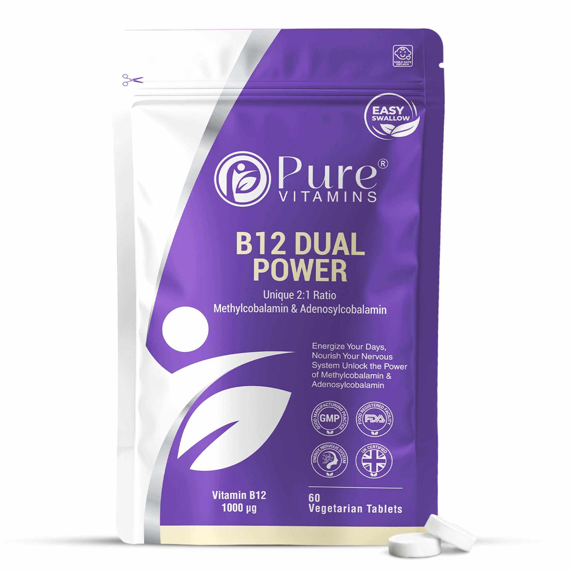 Pure Vitamins UK vitamin B12 supplement with methylcobalamin and adenosylcobalamin, taken alongside a B complex