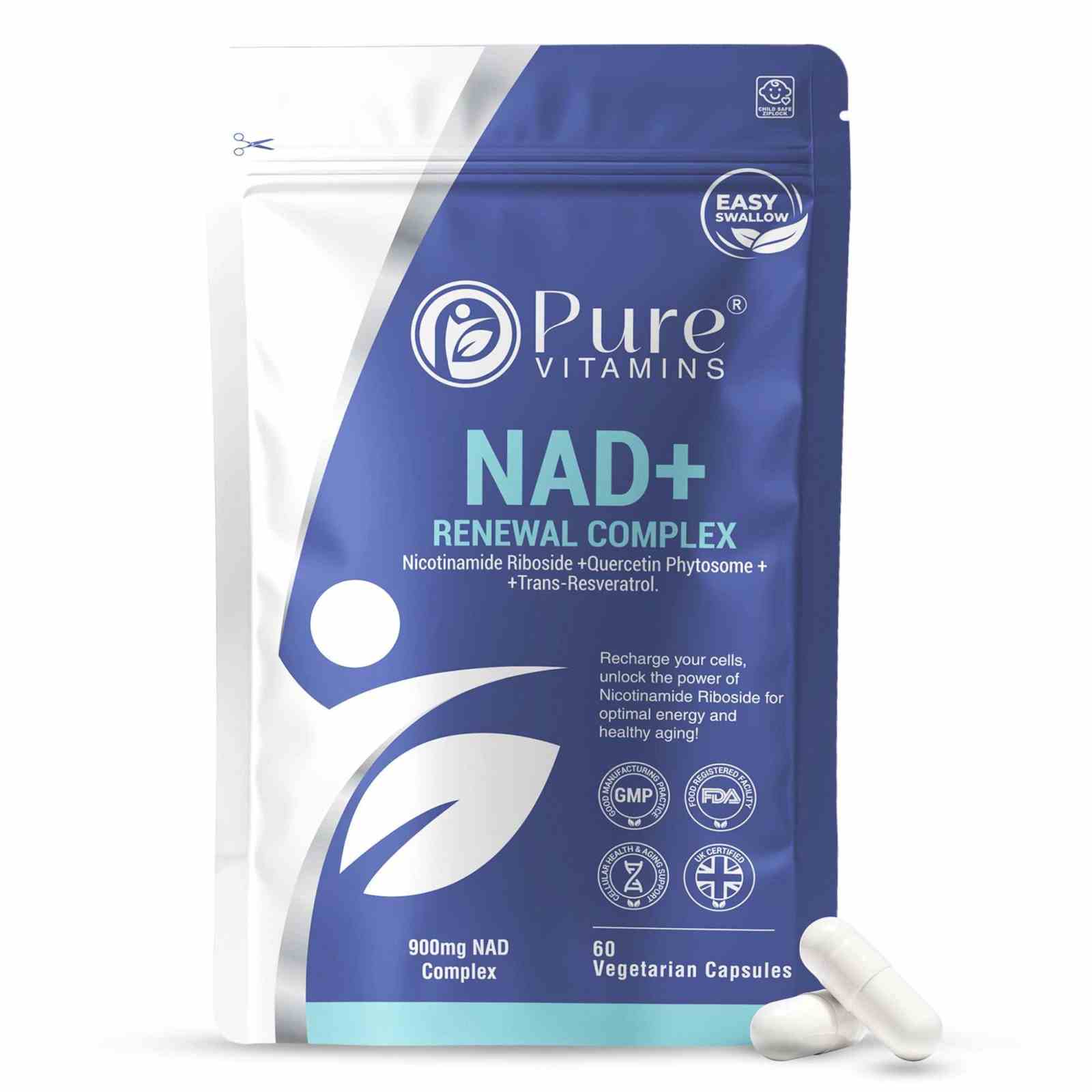 Bottle of NMN Fusion Pro supplement with quercetin and resveratrol by Pure Vitamins UK