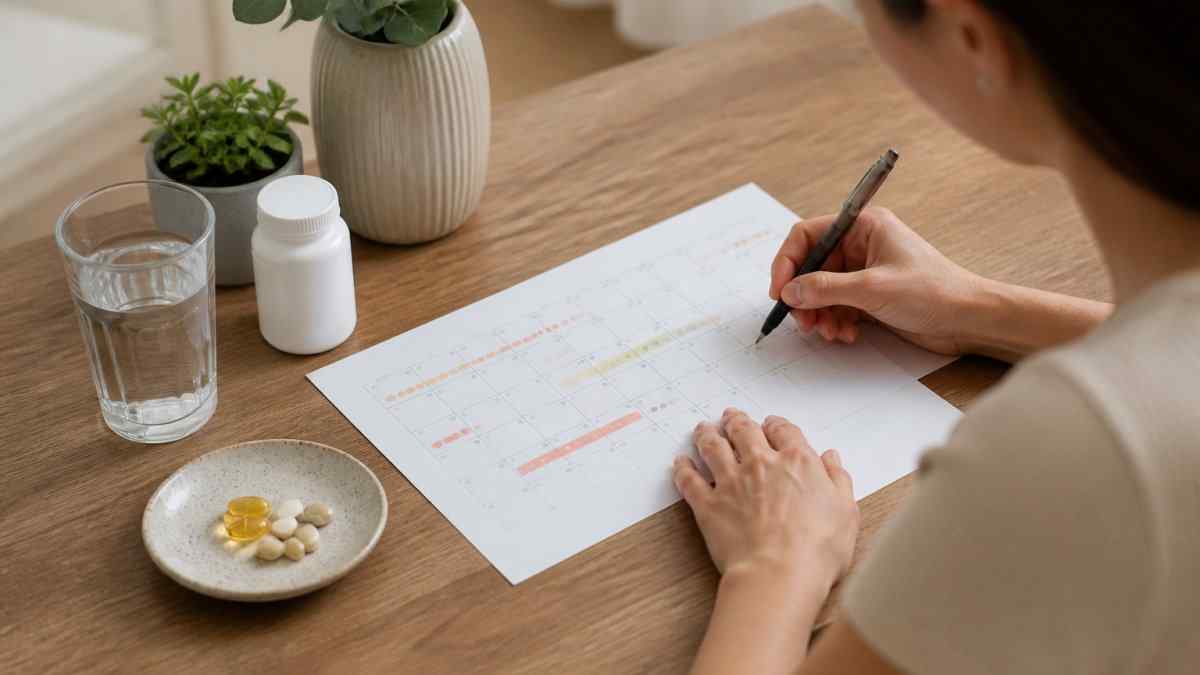 Cycle-tracking chart with handwritten notes, a woman filling it in beside vitamins, water and plants to Track Hormonal Changes