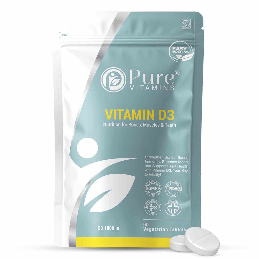 Pure Vitamins UK Vitamin D3 + K2 tablets, 4000 IU D3 (cholecalciferol) with K2 MK-7 supplement packaging