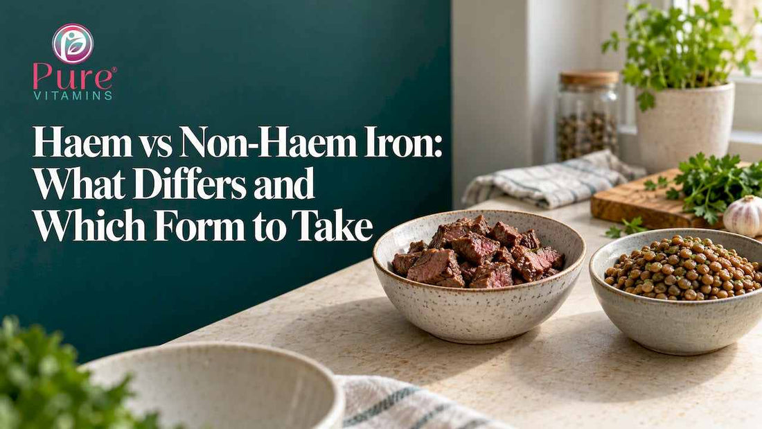 Haem vs Non-Haem Iron article banner with bold white title, Pure Vitamins logo and bowls of meat and legumes.