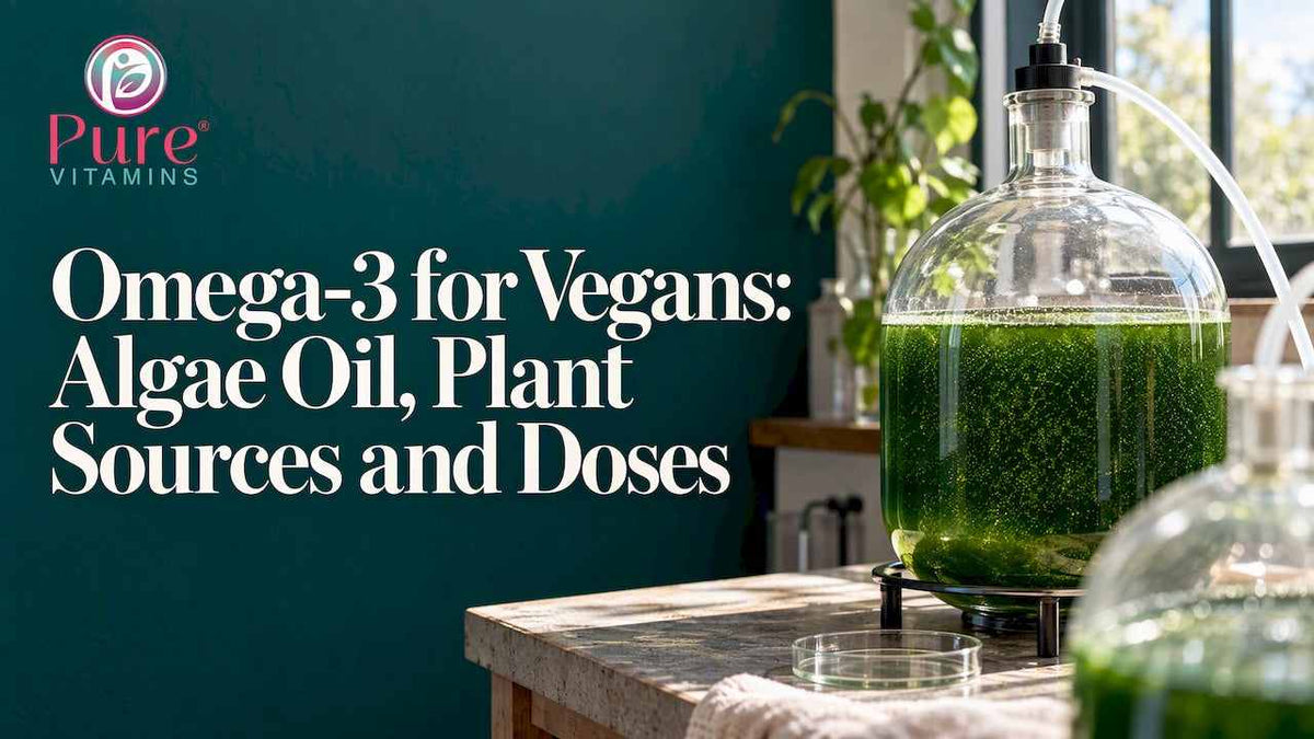 Omega-3 for Vegans article graphic with white title text and Pure Vitamins logo beside a glass algae vessel.