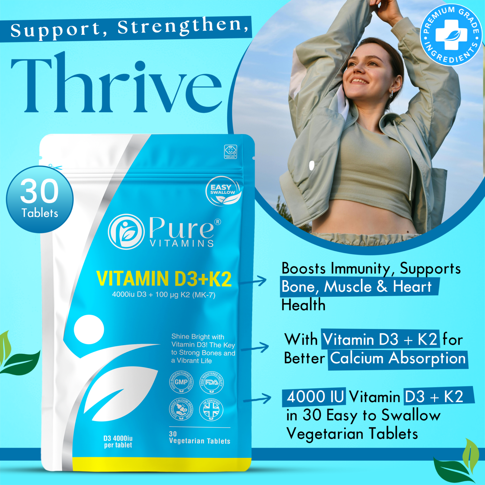 Pure Vitamins UK Vitamin D3 and K2 tablets, 4000 IU D3 and 100 micrograms K2 MK-7, vegetarian supplement
