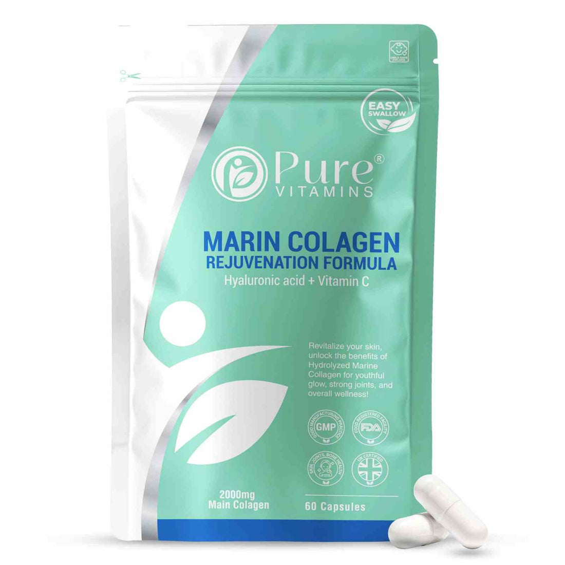 Pure Vitamins UK hydrolysed collagen peptides powder container with scoop for collagen and hyaluronic acid supplements