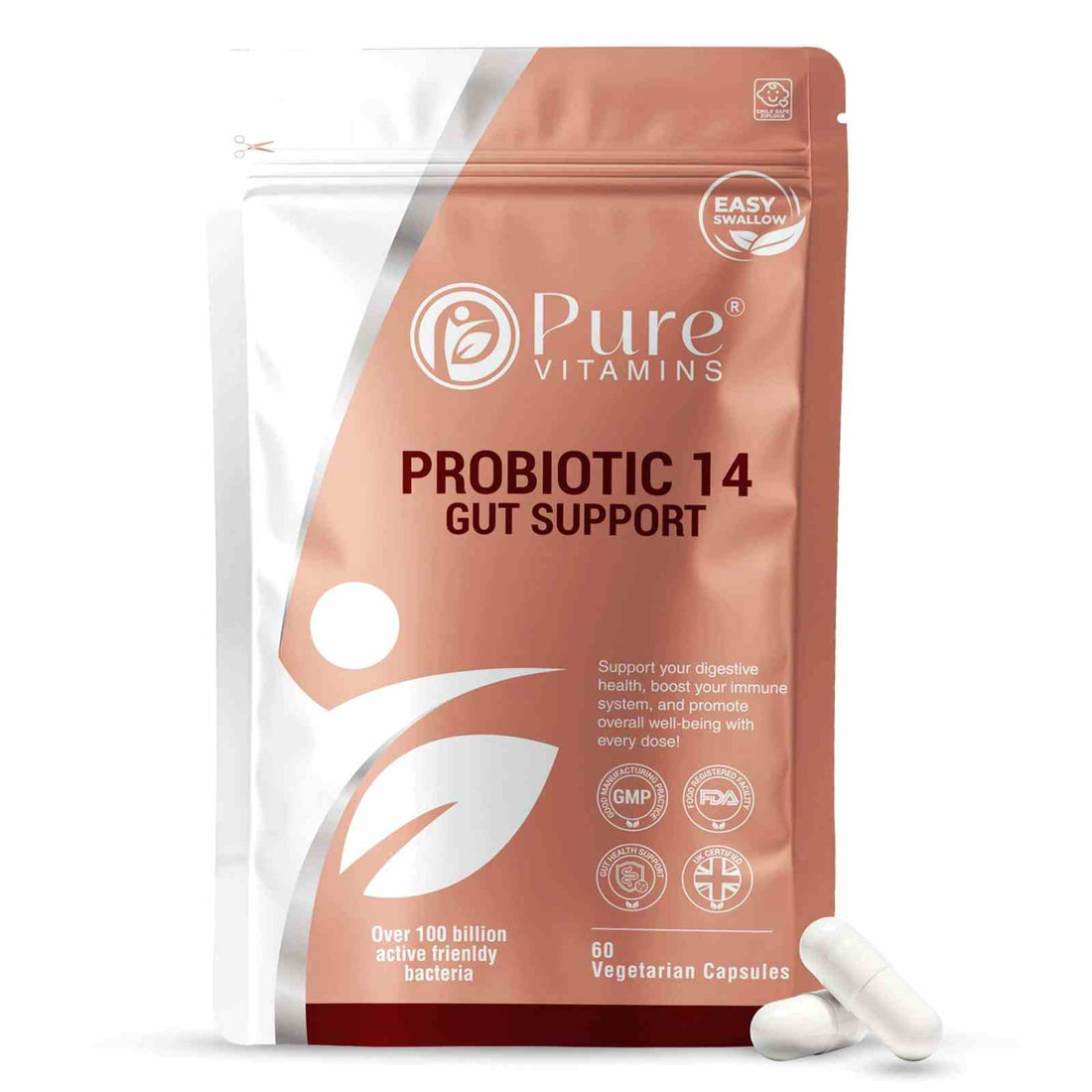 Pure Vitamins UK 14-strain Probiotic capsules with high CFU count and prebiotic inulin
