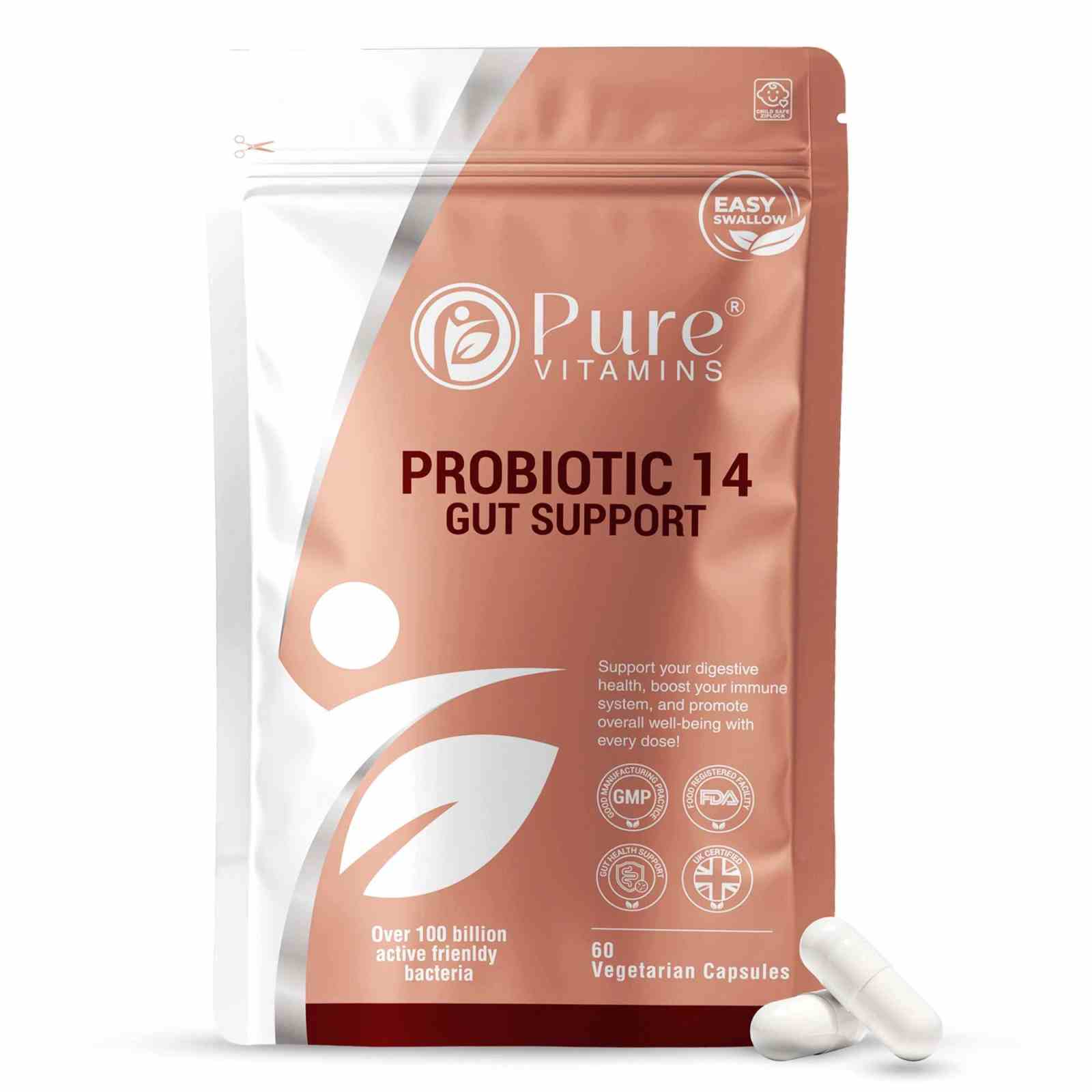 Pure Vitamins UK 14-strain Probiotic capsules with high CFU count and prebiotic inulin