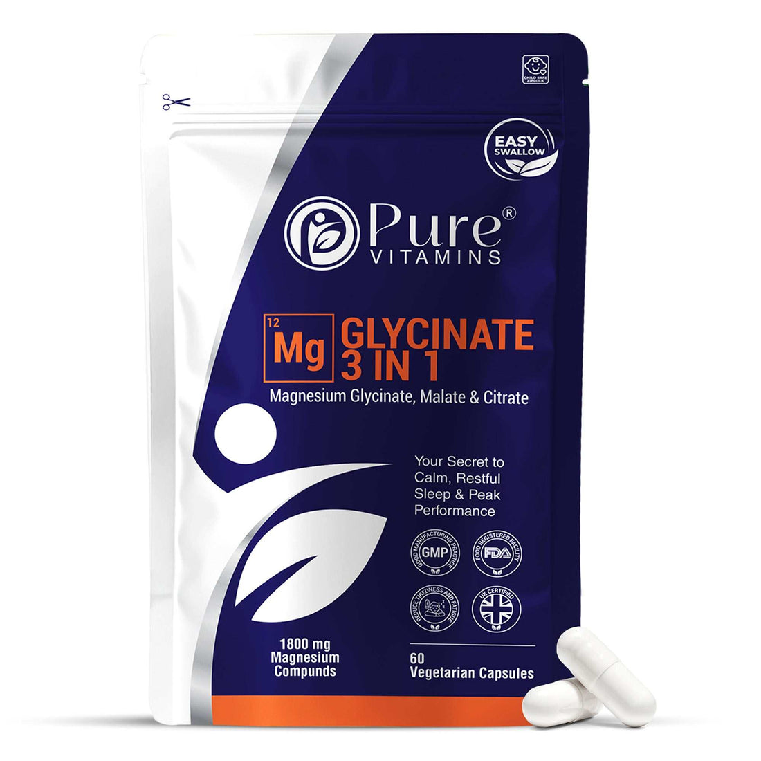 Pure Vitamins Magnesium Glycinate 3-in-1 supplement pouch, triple-form complex with 384mg elemental magnesium
