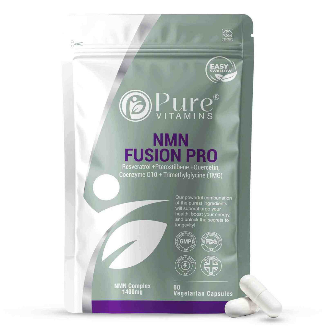 Pure Vitamins UK NMN Fusion Pro supplement bottle with NMN, CoQ10, Resveratrol, and TMG capsules