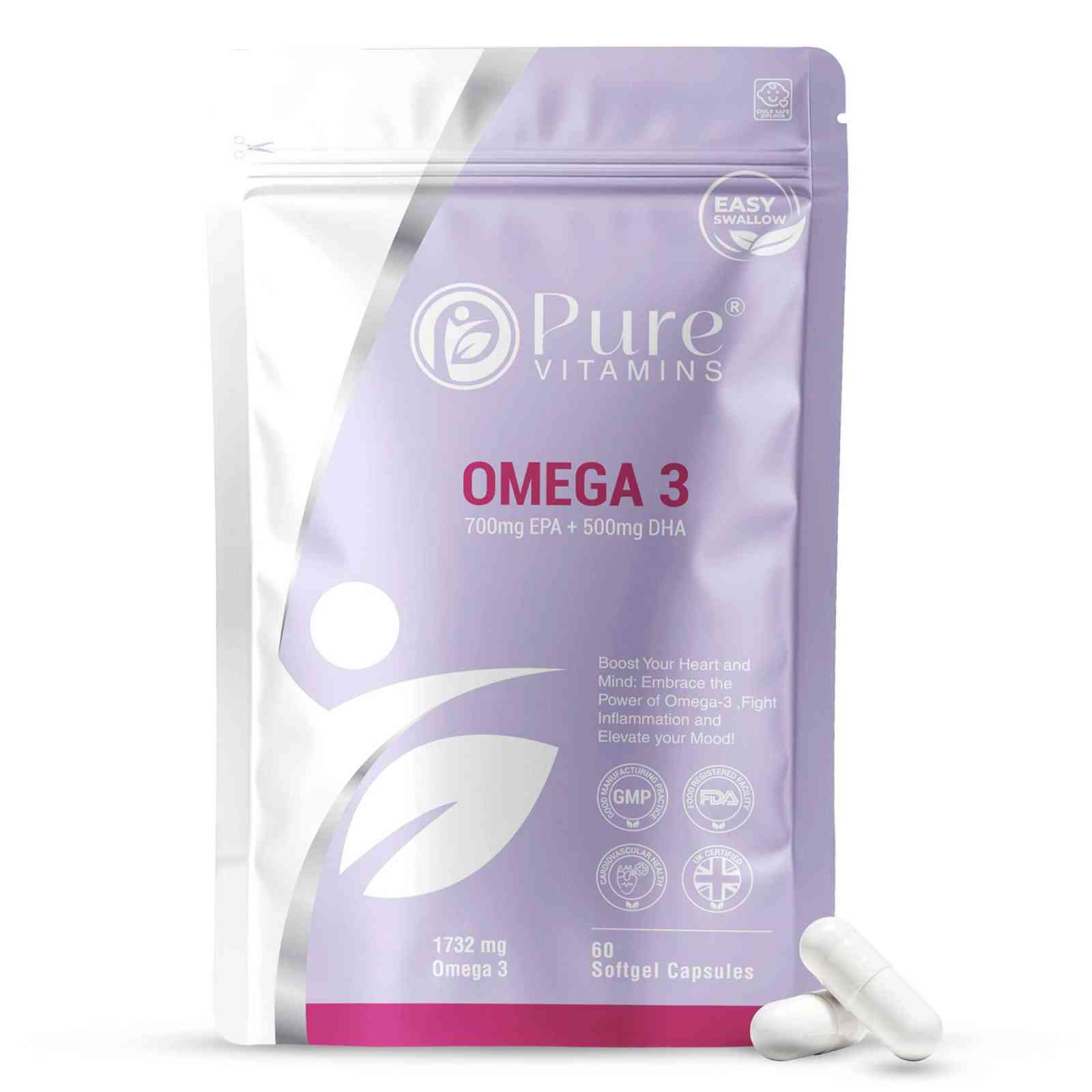 Pure Vitamins Omega-3 Fish Oil 60 softgels, 1732mg omega-3 per serving, GMP-certified for eye health