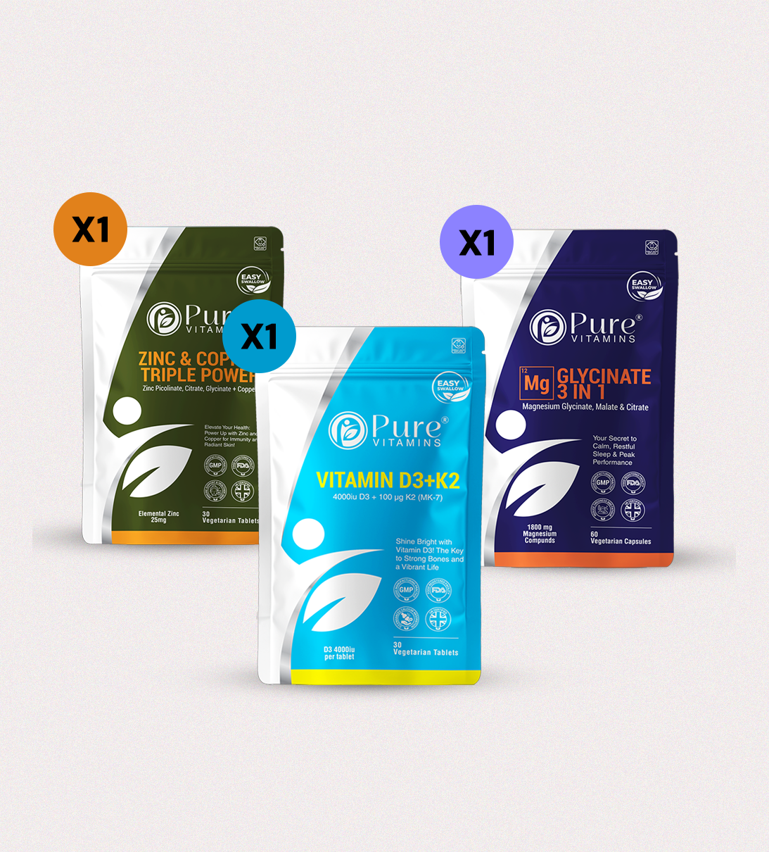 Pure Vitamins UK Immunity and Energy Support Trio with Zinc, Vitamin D3 plus K2 and Magnesium Glycinate