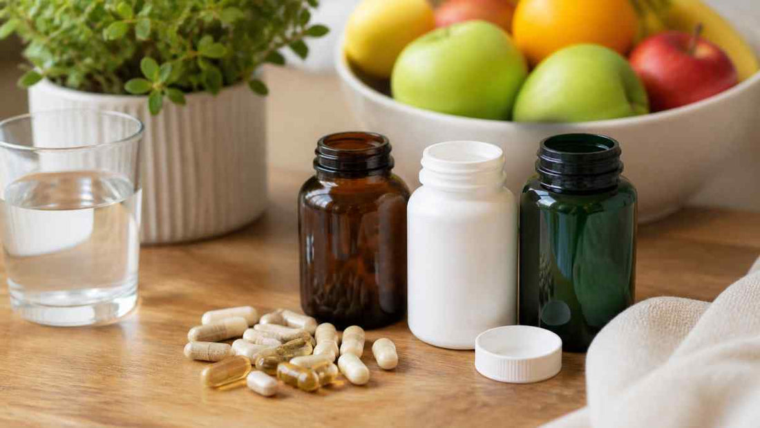 Clean Label Vitamins shown with amber, white and green supplement bottles and loose capsules on a wooden table
