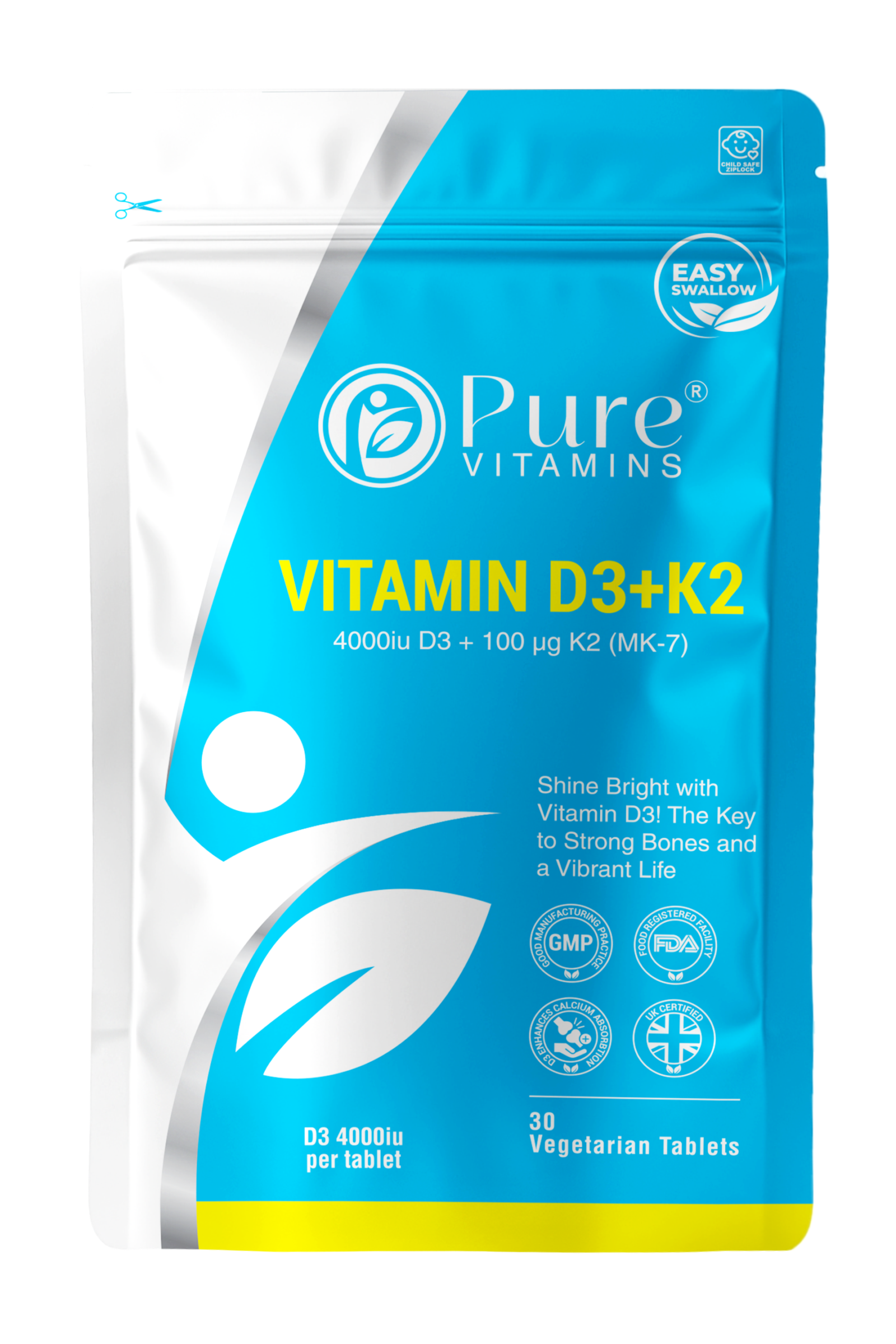 Pure Vitamins UK Vitamin D3 + K2 tablets, 4000 IU D3 and 100 mcg K2 MK-7, vegetarian, GMP certified supplement packaging