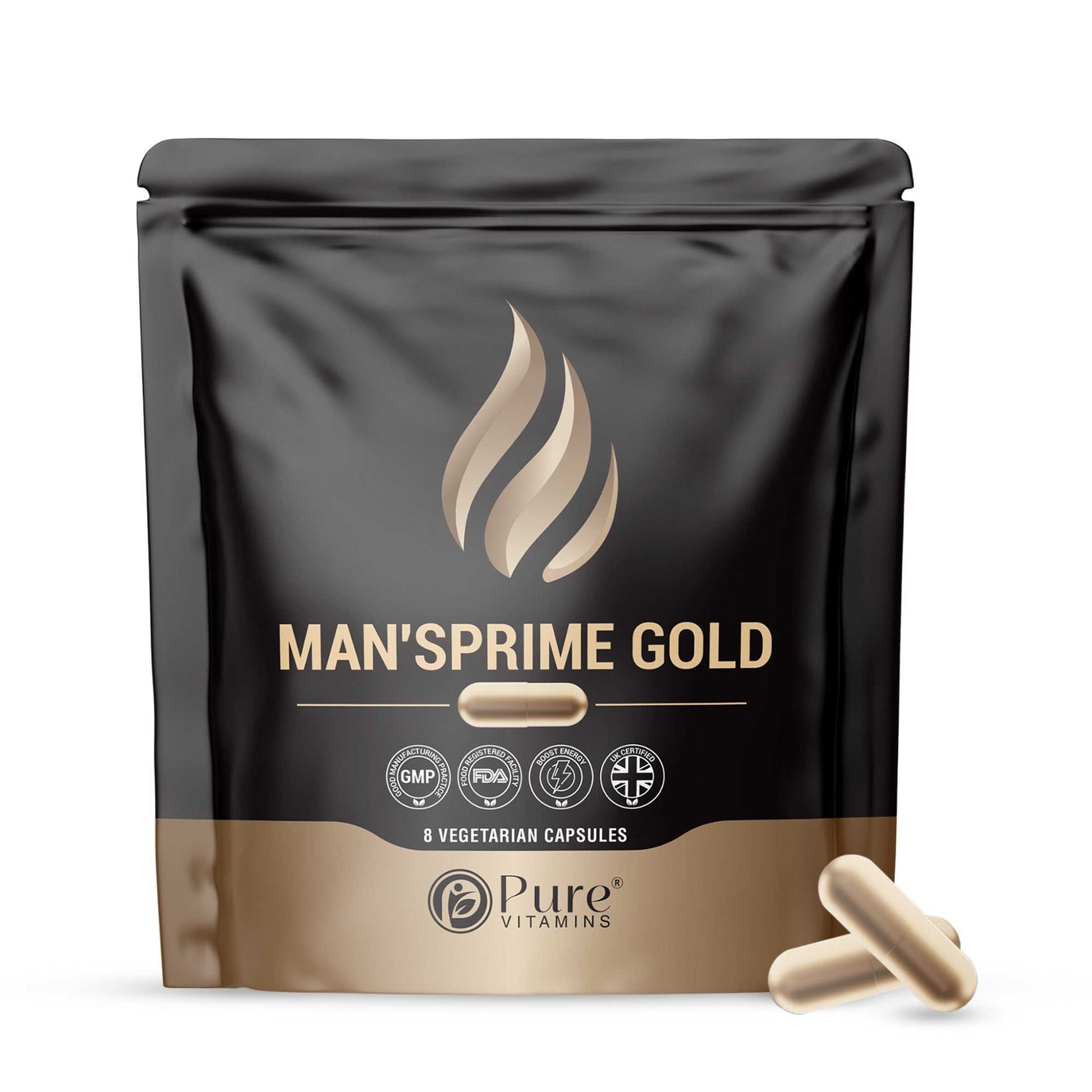 MANS PRIME GOLD extra strong natural testosterone booster and male vitality complex with 8 vegetarian capsules by Pure Vitamins for natural male enhancement and stamina