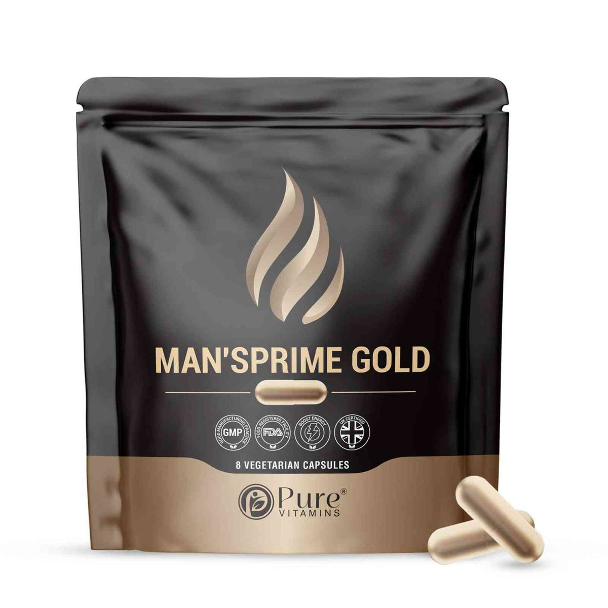 MANS PRIME GOLD pouch with maca, ginseng and ashwagandha, two of which are included in the Pure Vitamins MANS PRIME Multipack
