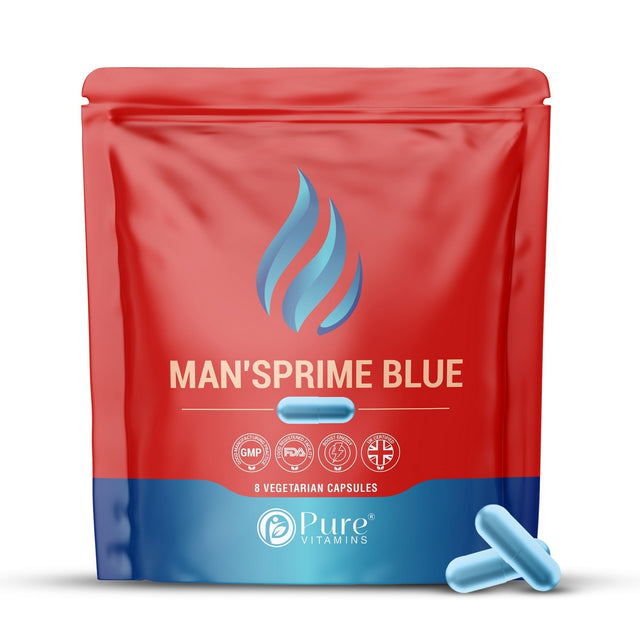 Maca, Ginseng & Ginkgo complex for men, MANS PRIME BLUE vegan capsule pouch by Pure Vitamins UK
