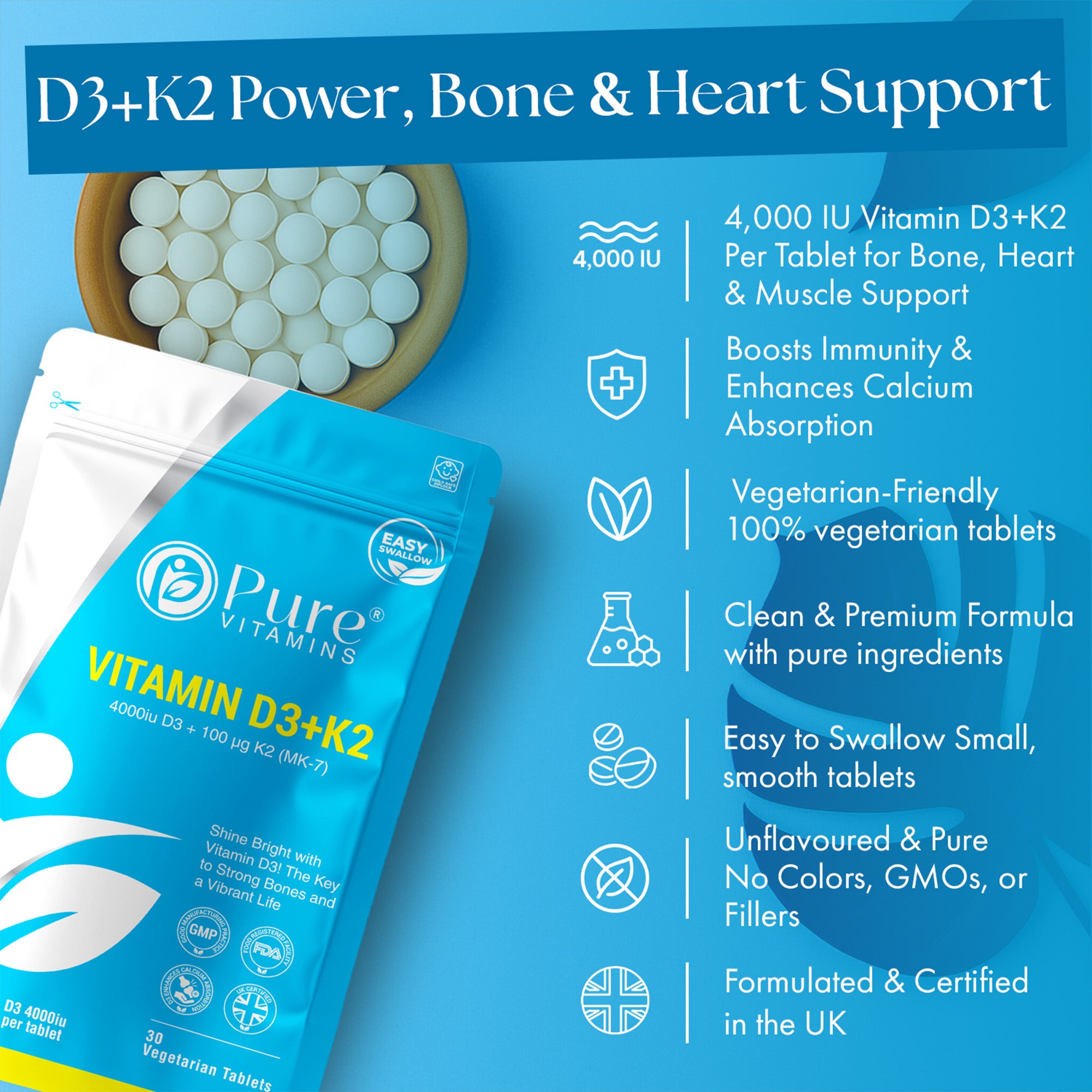 Pure Vitamins D3 + K2 Tablets | Essential Vitamin Complex
