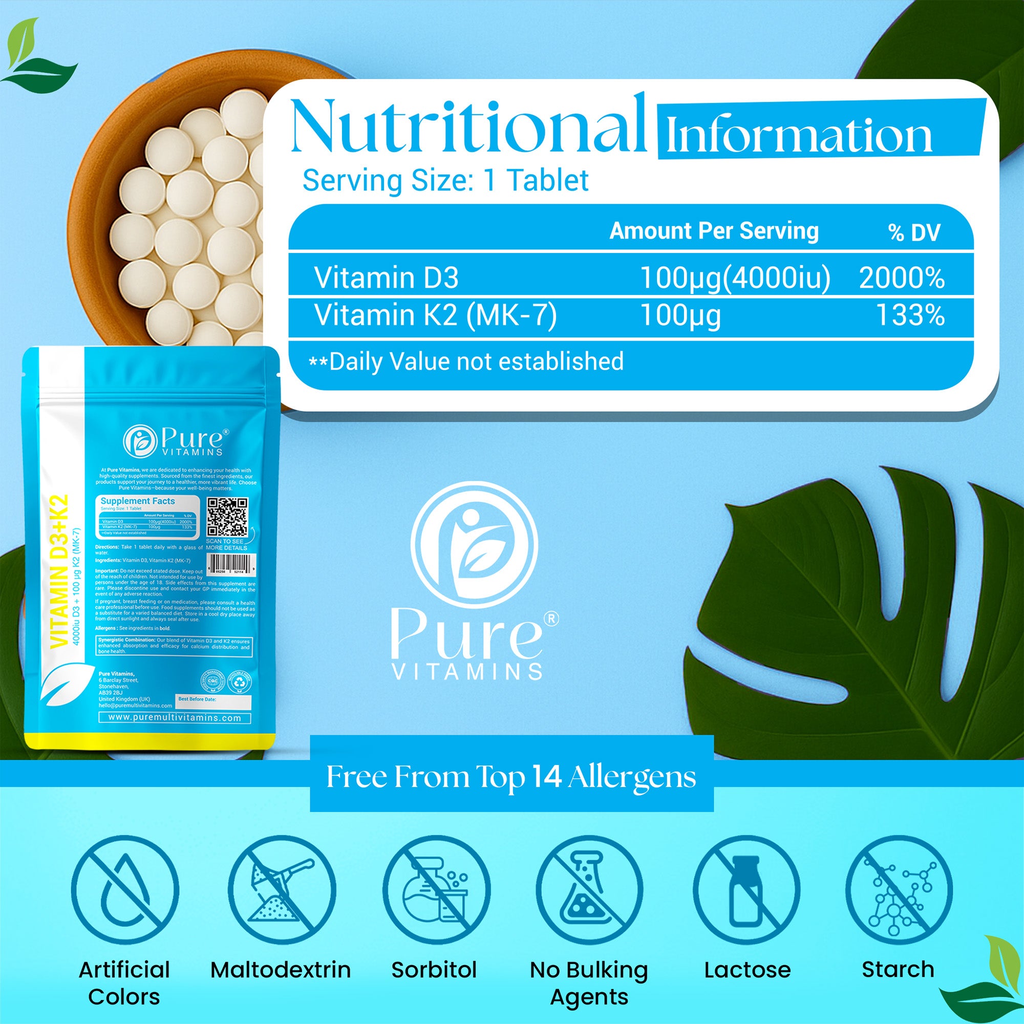 Pure Vitamins D3 + K2 Tablets | Essential Vitamin Complex