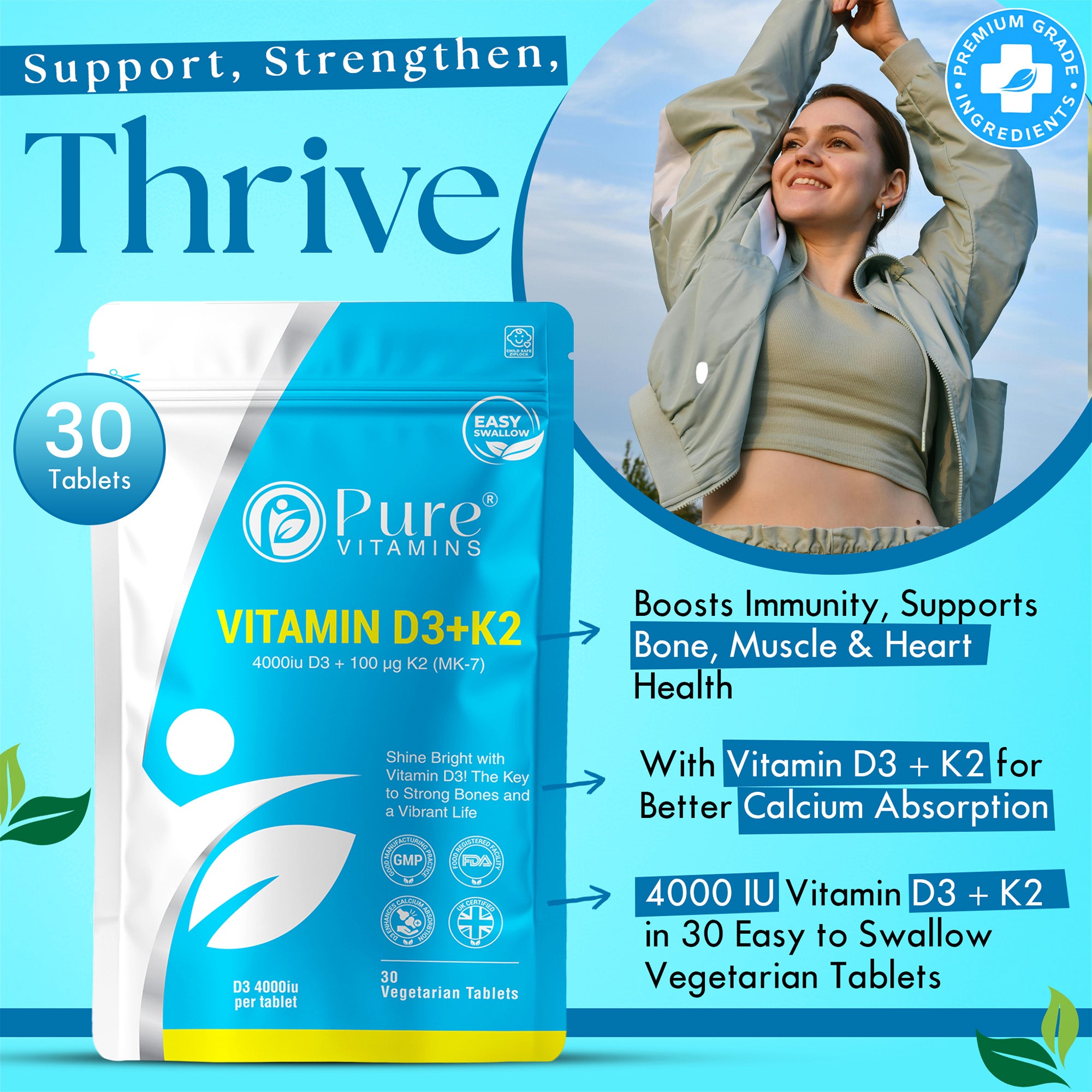Pure Vitamins D3 + K2 Tablets | Essential Vitamin Complex