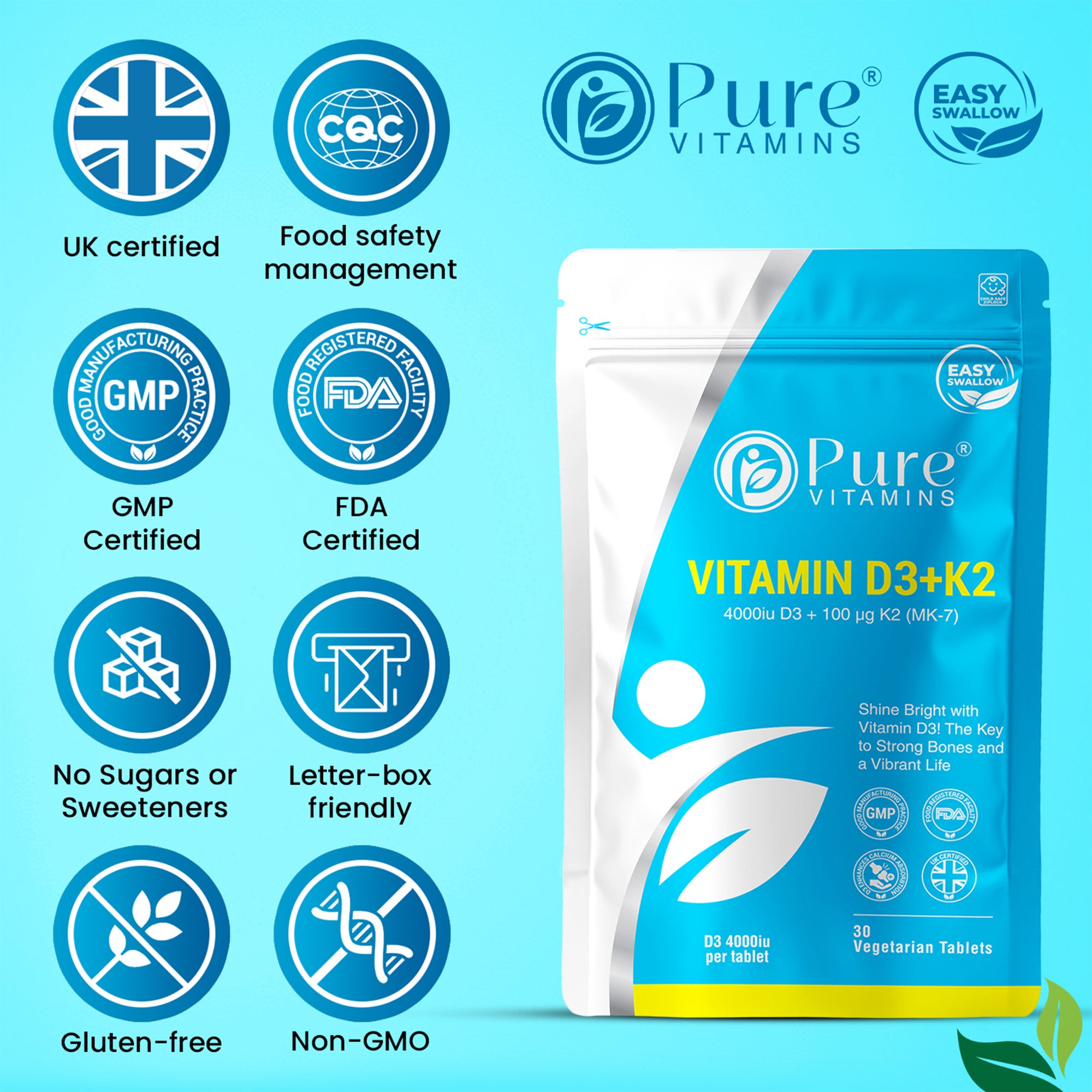 Pure Vitamins D3 + K2 Tablets | Essential Vitamin Complex