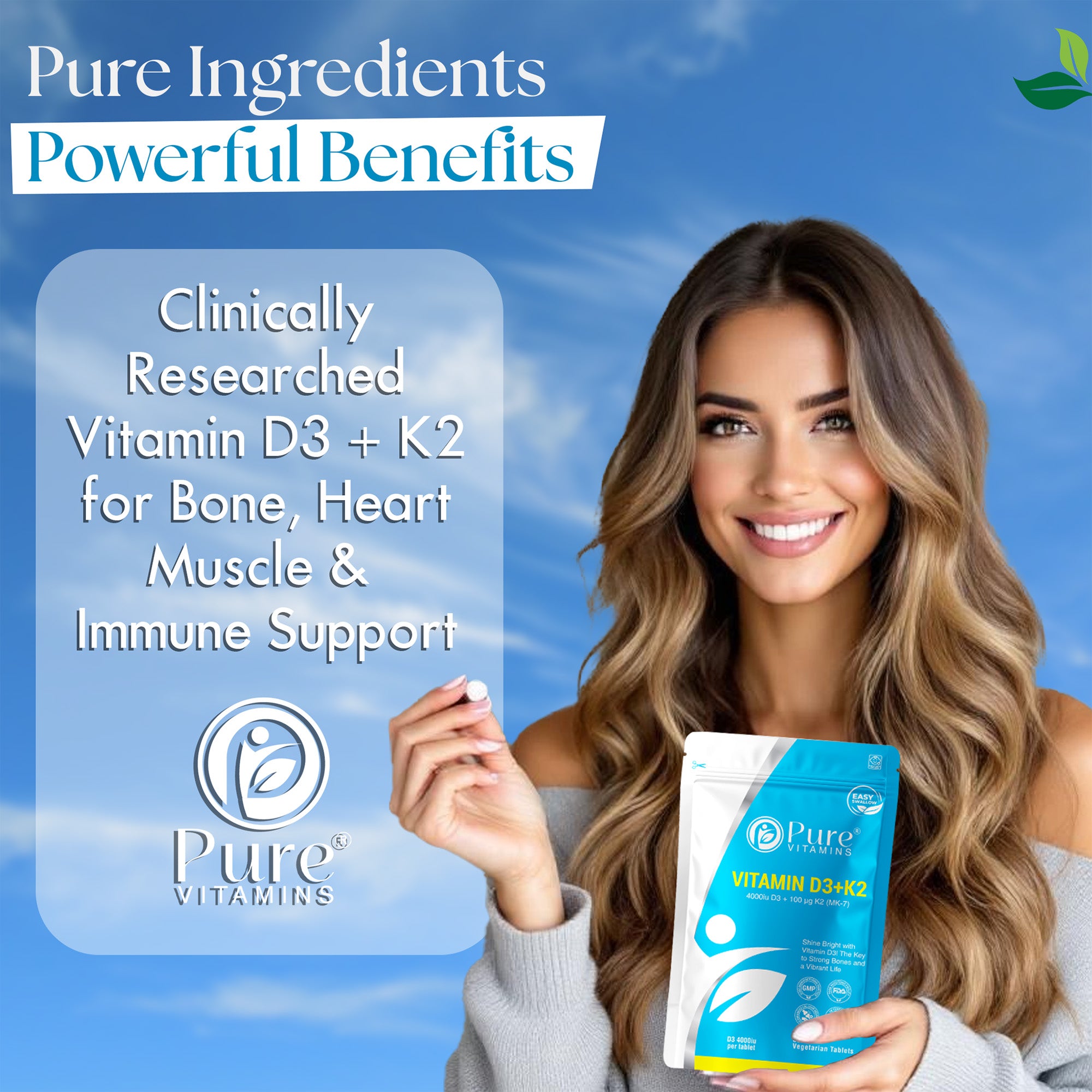 Pure Vitamins D3 + K2 Tablets | Essential Vitamin Complex