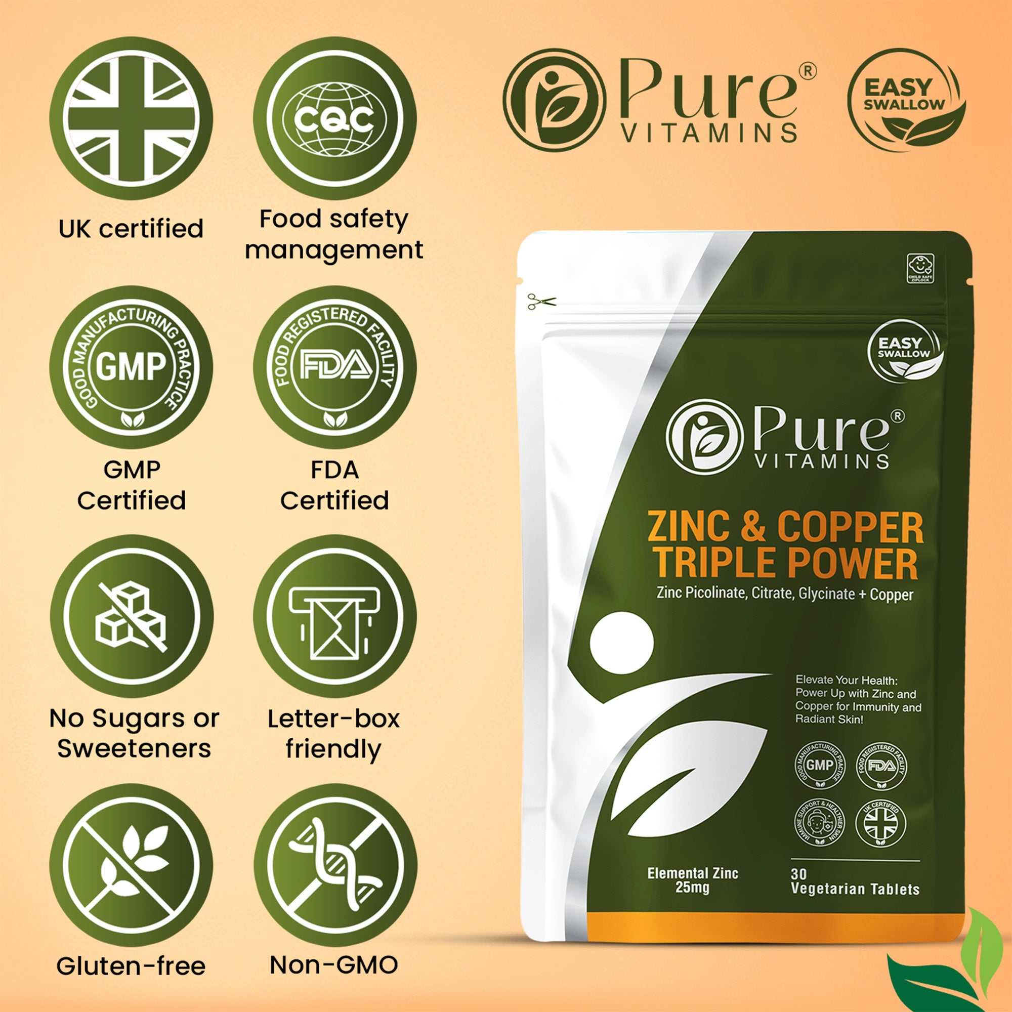 Zinc and Copper Supplement with GMP and FDA registered facility, food safety management, non GMO, gluten free, no sugars or sweeteners, vegetarian friendly