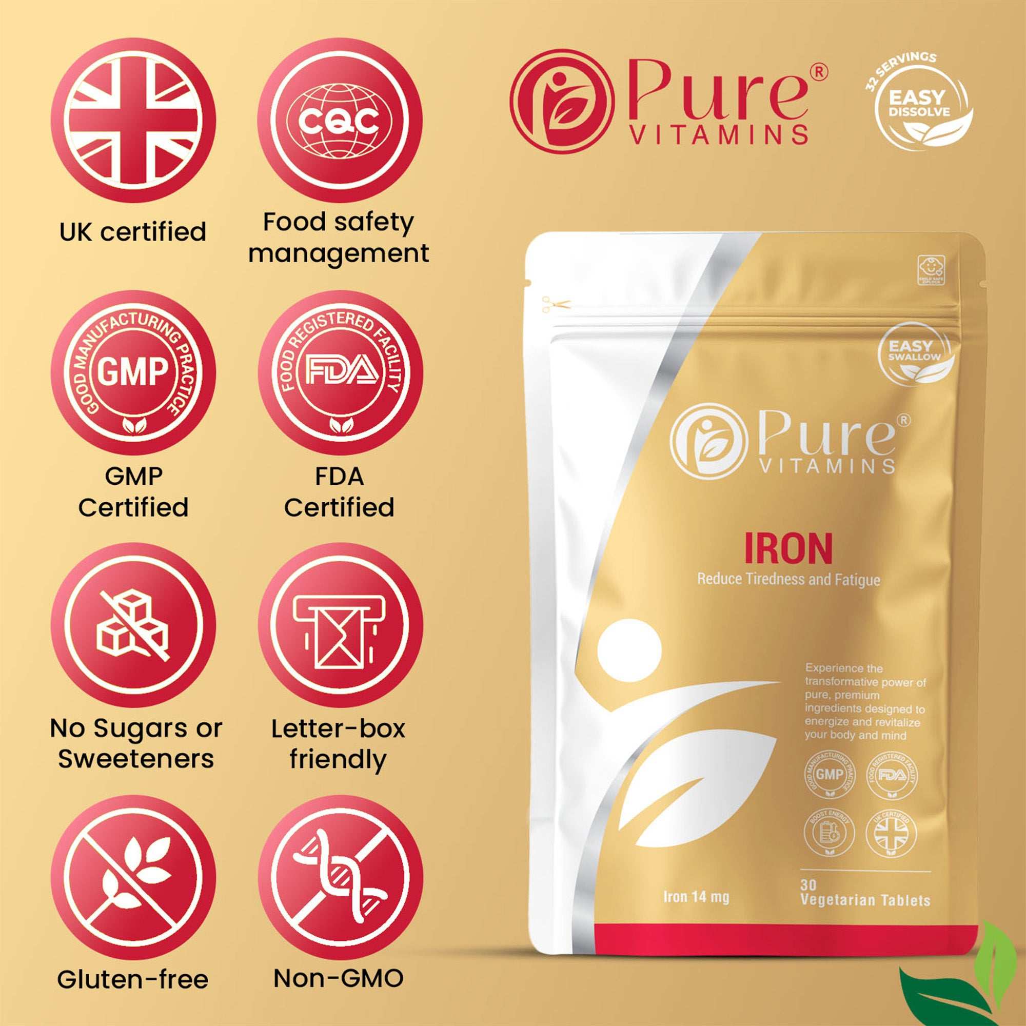 High Absorption Iron Pure Vitamins with Ferrous Fumarate, GMP and FDA certified, gluten-free vegan iron supplement for energy and reducing fatigue