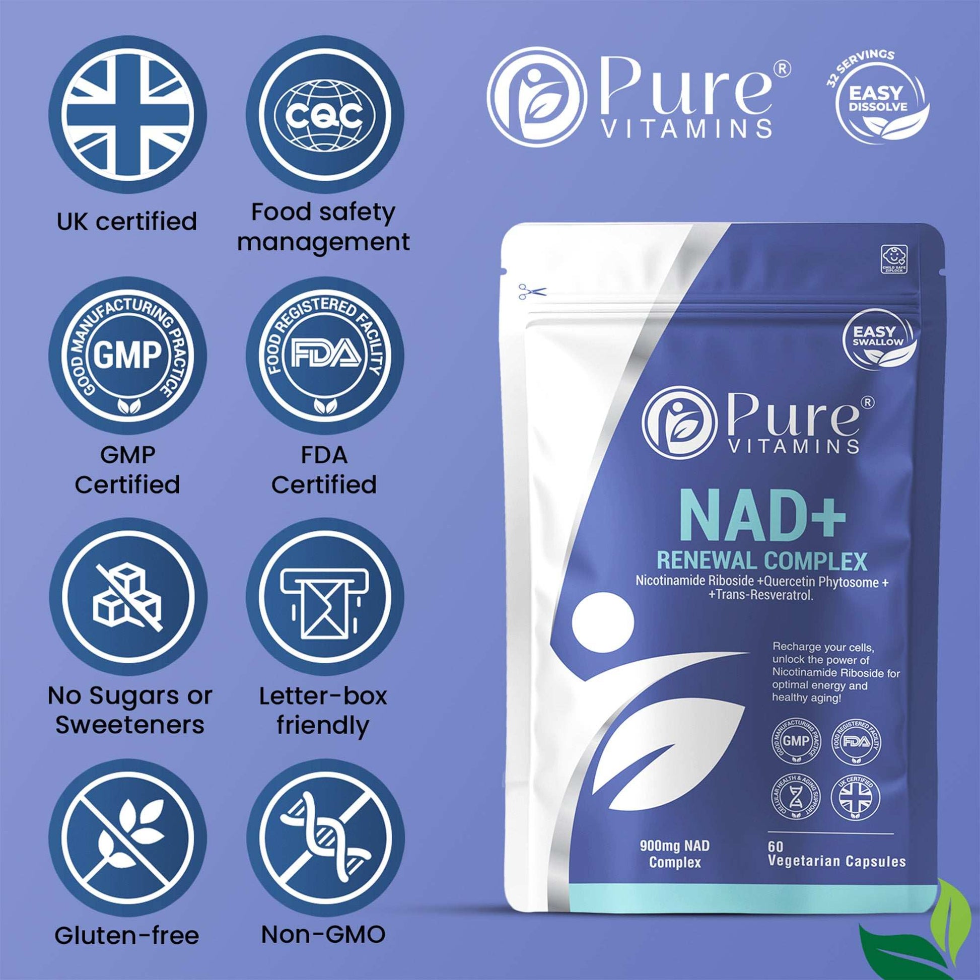 Nicotinamide riboside supplement manufactured by Pure Vitamins in GMP-certified and FDA registered facilities, clean label