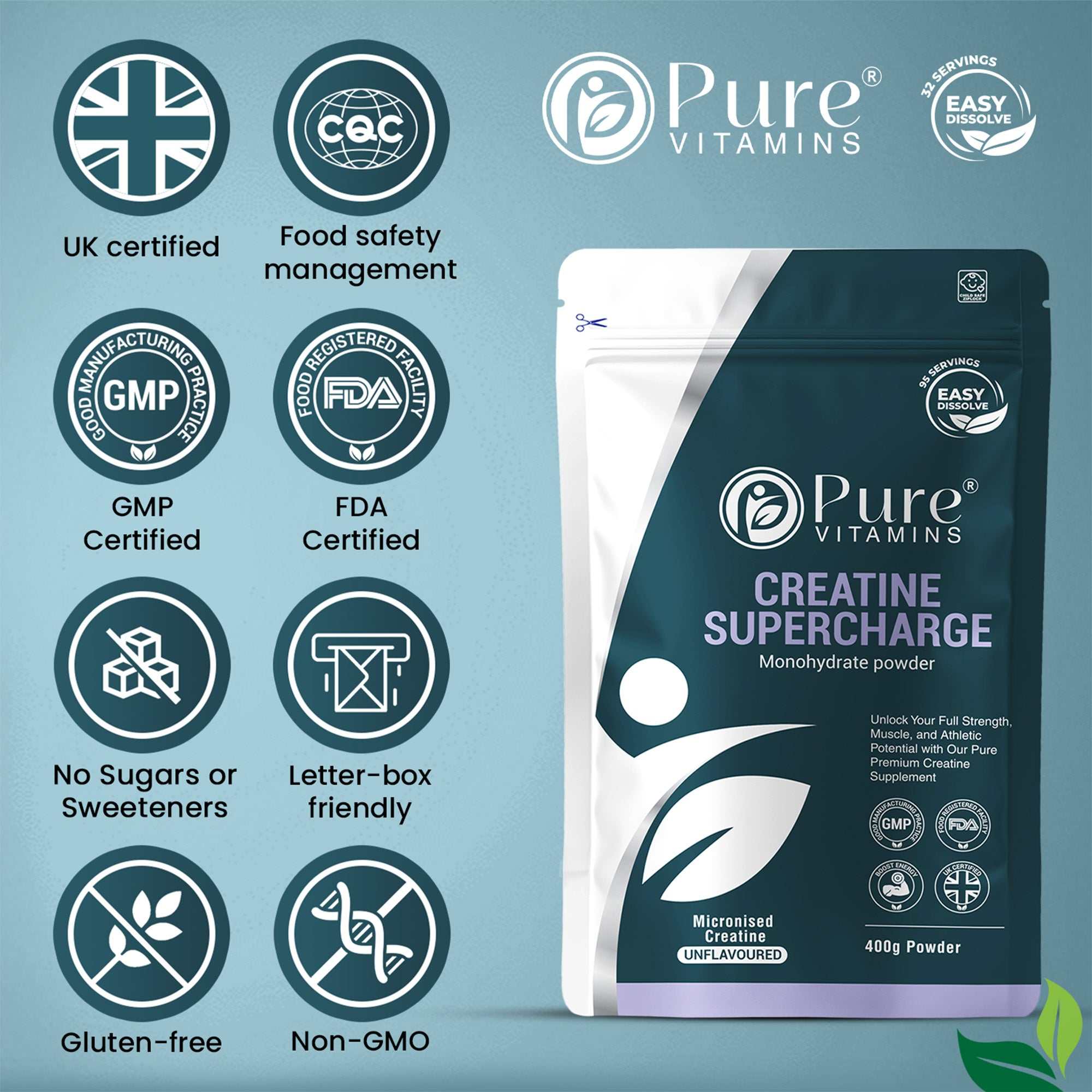 Micronised Creatine Monohydrate powder by Pure Vitamins with GMP, FDA, UK certification, gluten-free, non-GMO, no sugars, fast dissolving for muscle strength and recovery