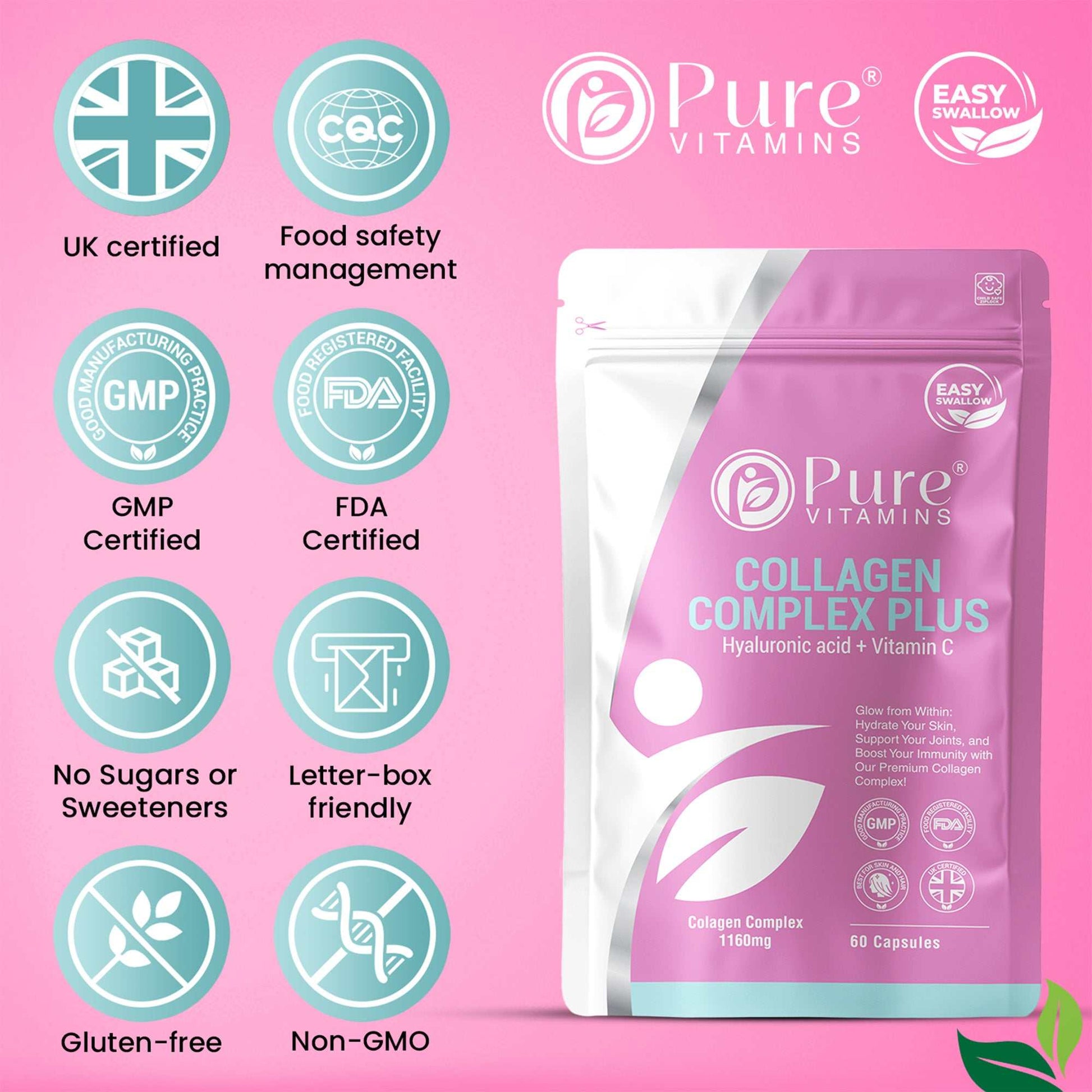 Pure Vitamins Collagen Complex Plus pouch with GMP approved, FDA registered, gluten-free and non-GMO icons on a pink background.