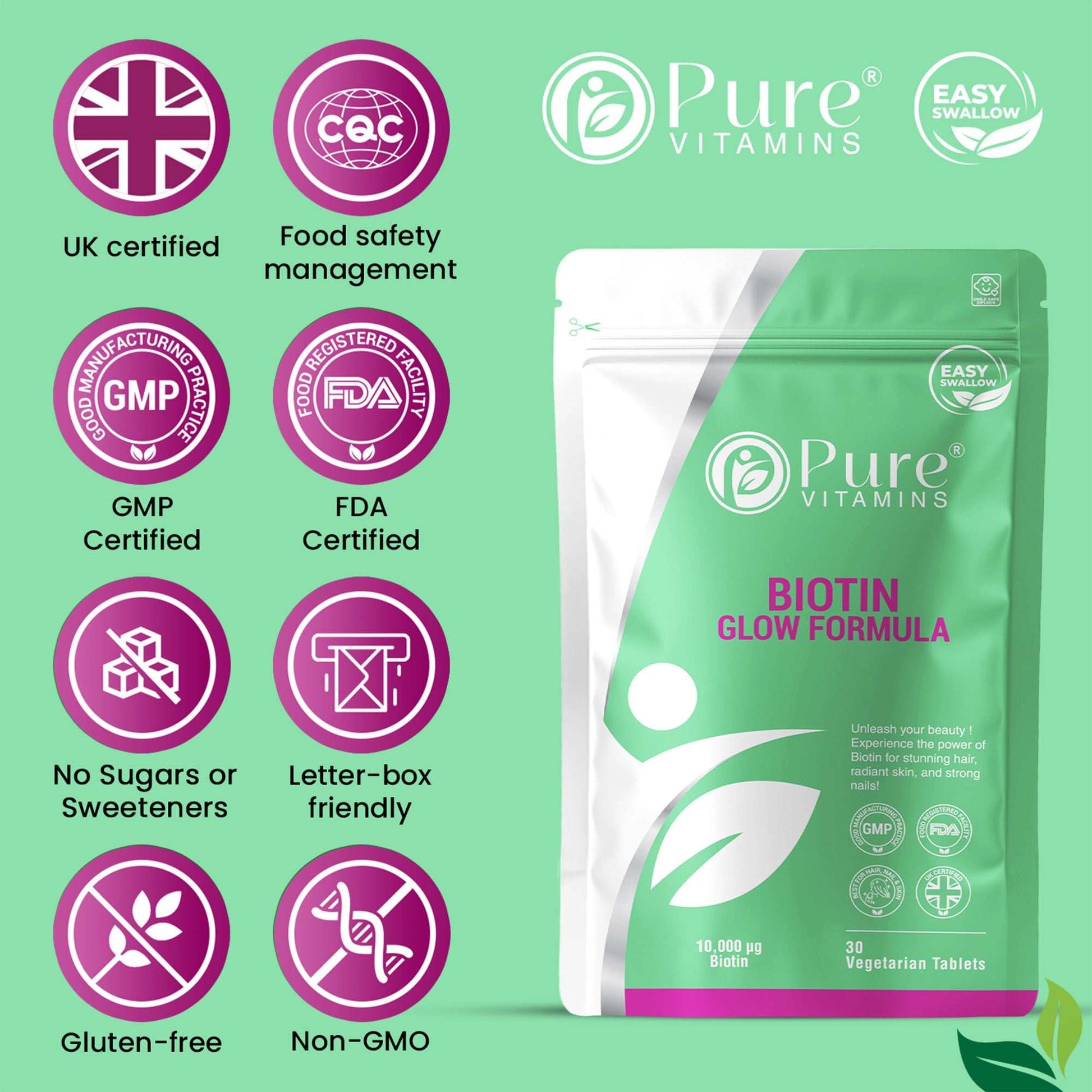 Pure Vitamins Biotin Glow Formula supplement with 10,000 µg biotin, zinc, selenium, vegan, GMP and FDA certified, gluten-free, non-GMO, supports hair, skin, and nail health.