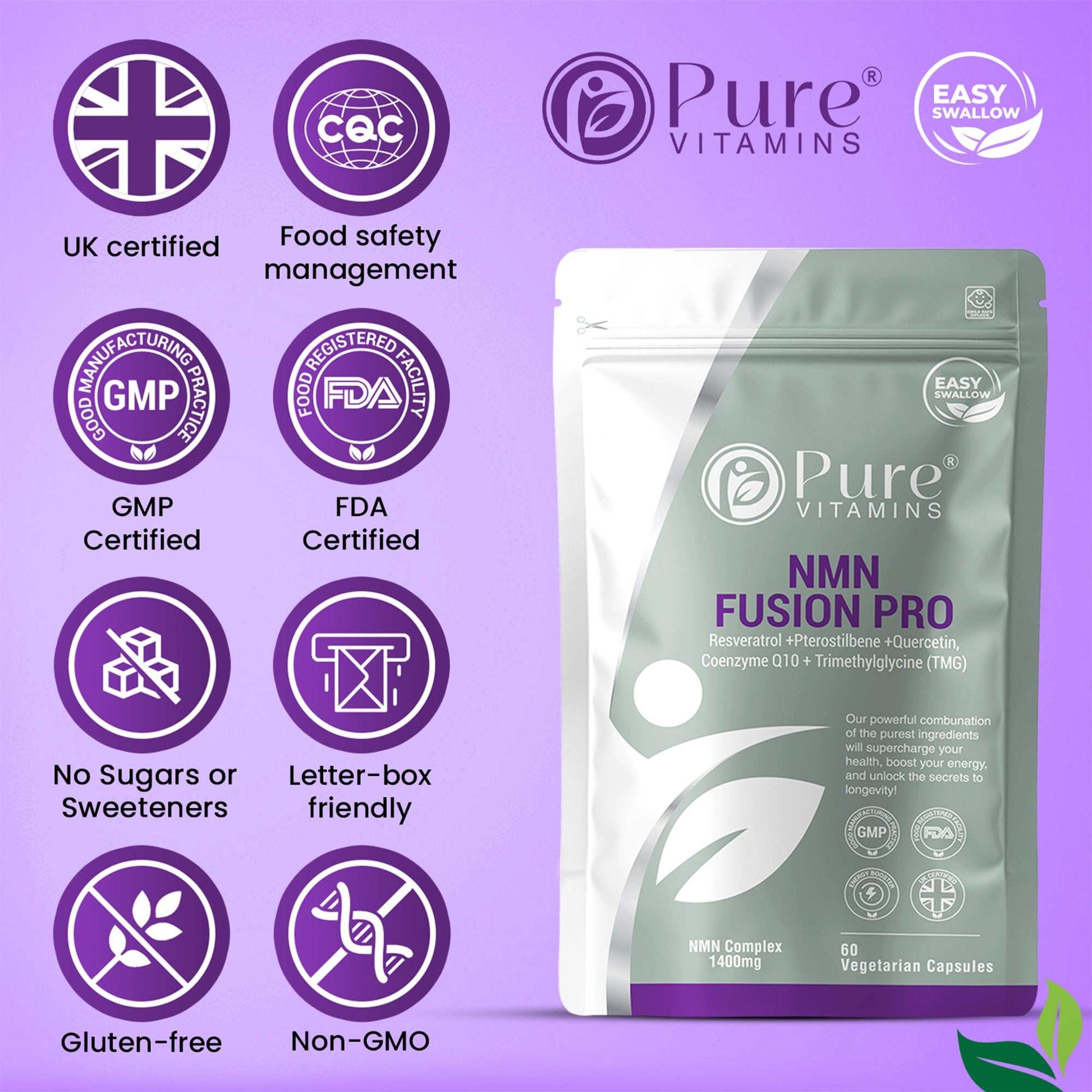 NMN Fusion Pro quality certifications — Food Safety Management, GMP certified, FDA registered, Gluten-free, Non-GMO, No Sugars or Sweeteners, Letter-box friendly