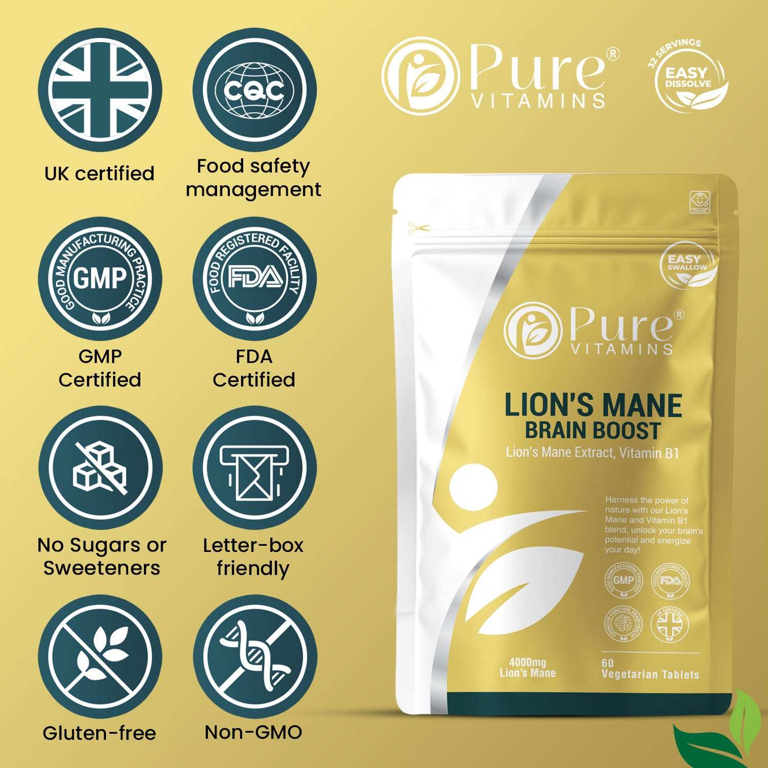 Pure Vitamins Lion’s Mane Tablets with 4000 mg extract, Vitamin B1, and Black Pepper for cognitive support and focus enhancement
