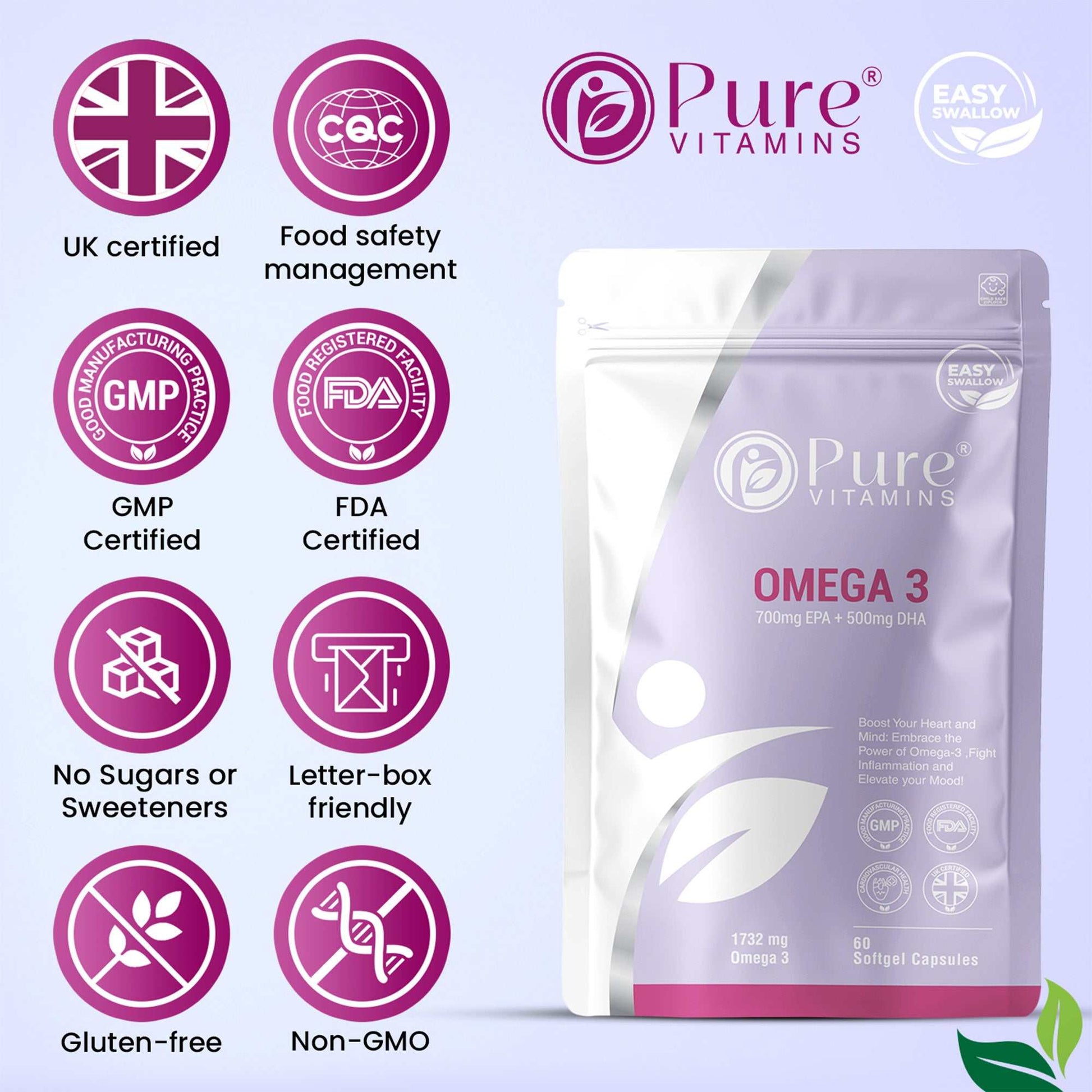 High-strength EPA & DHA Omega-3 fish oil supplement by Pure Vitamins, GMP and FDA certified, gluten-free, non-GMO, easy-to-swallow softgels for heart, brain, and joint support.