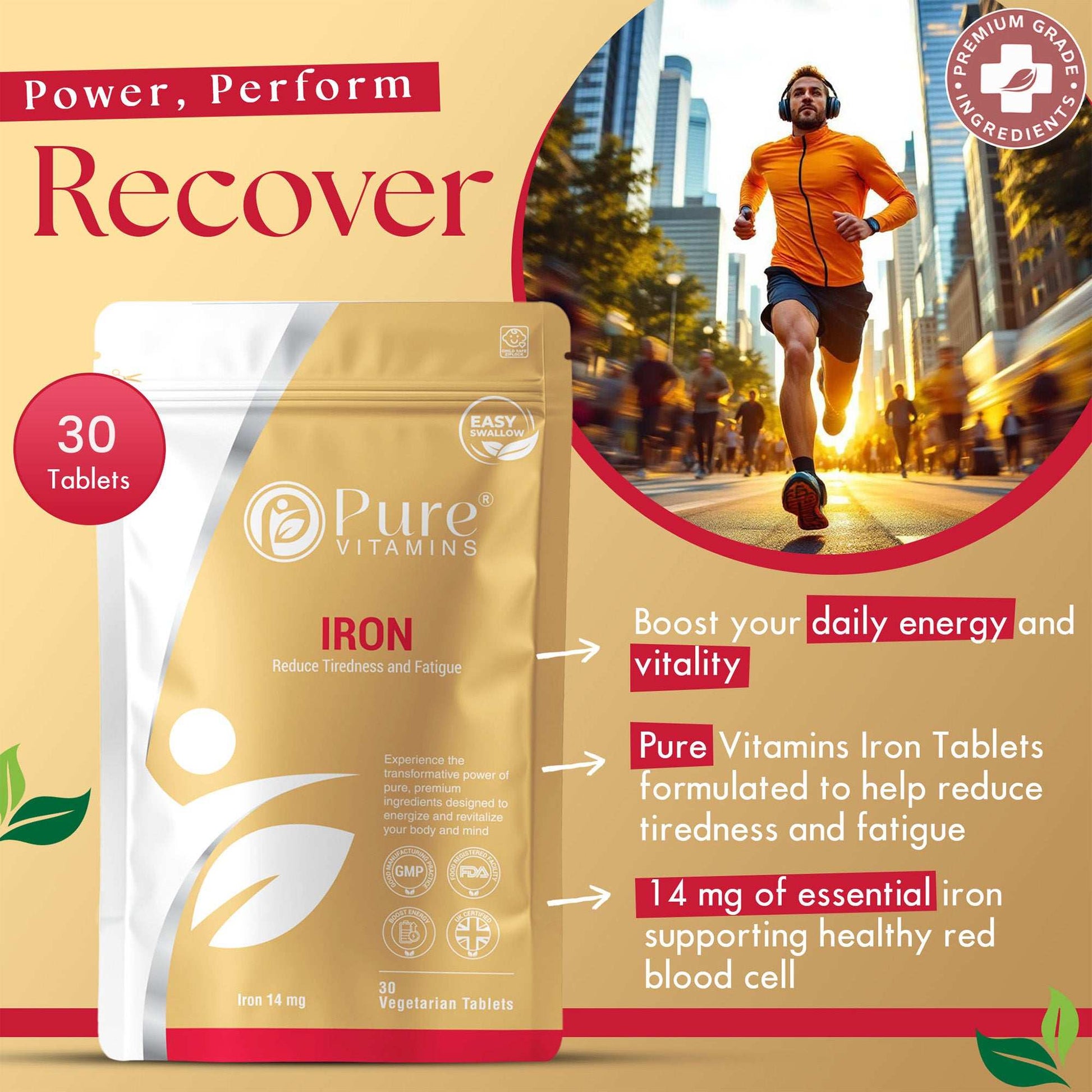 High absorption iron tablets with 14 mg ferrous fumarate for energy, vitality, and reduced fatigue, GMP certified and vegan-friendly.