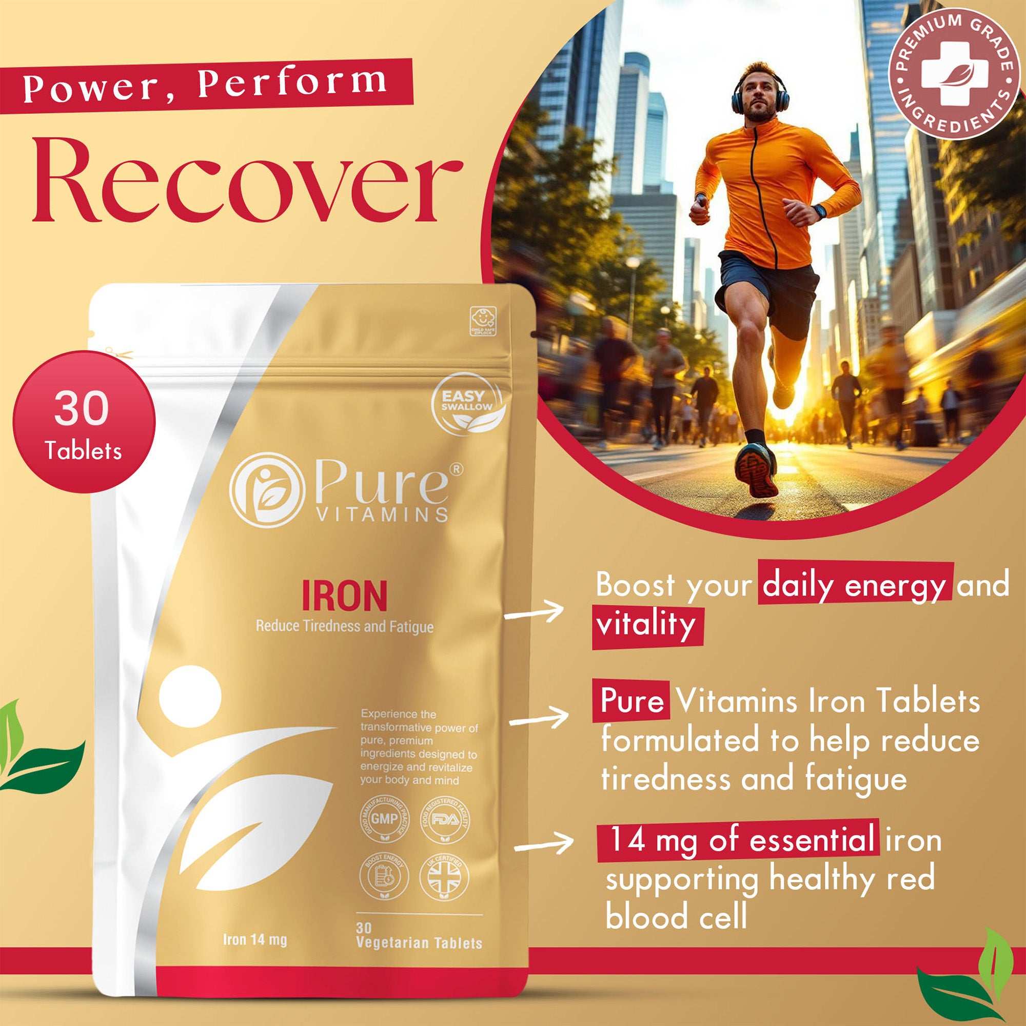 High absorption iron tablets with 14 mg ferrous fumarate for energy, vitality, and reduced fatigue, GMP certified and vegan-friendly.