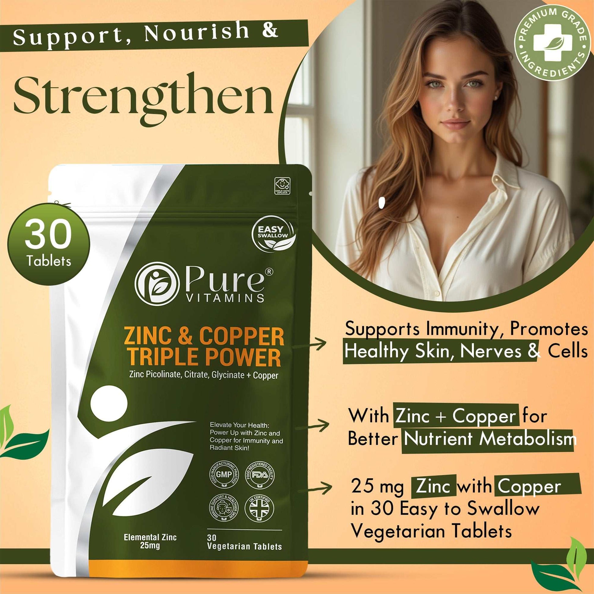 Zinc and Copper Supplement with GMP and FDA registered facility, food safety management, non GMO, gluten free, no sugars or sweeteners, vegetarian friendly