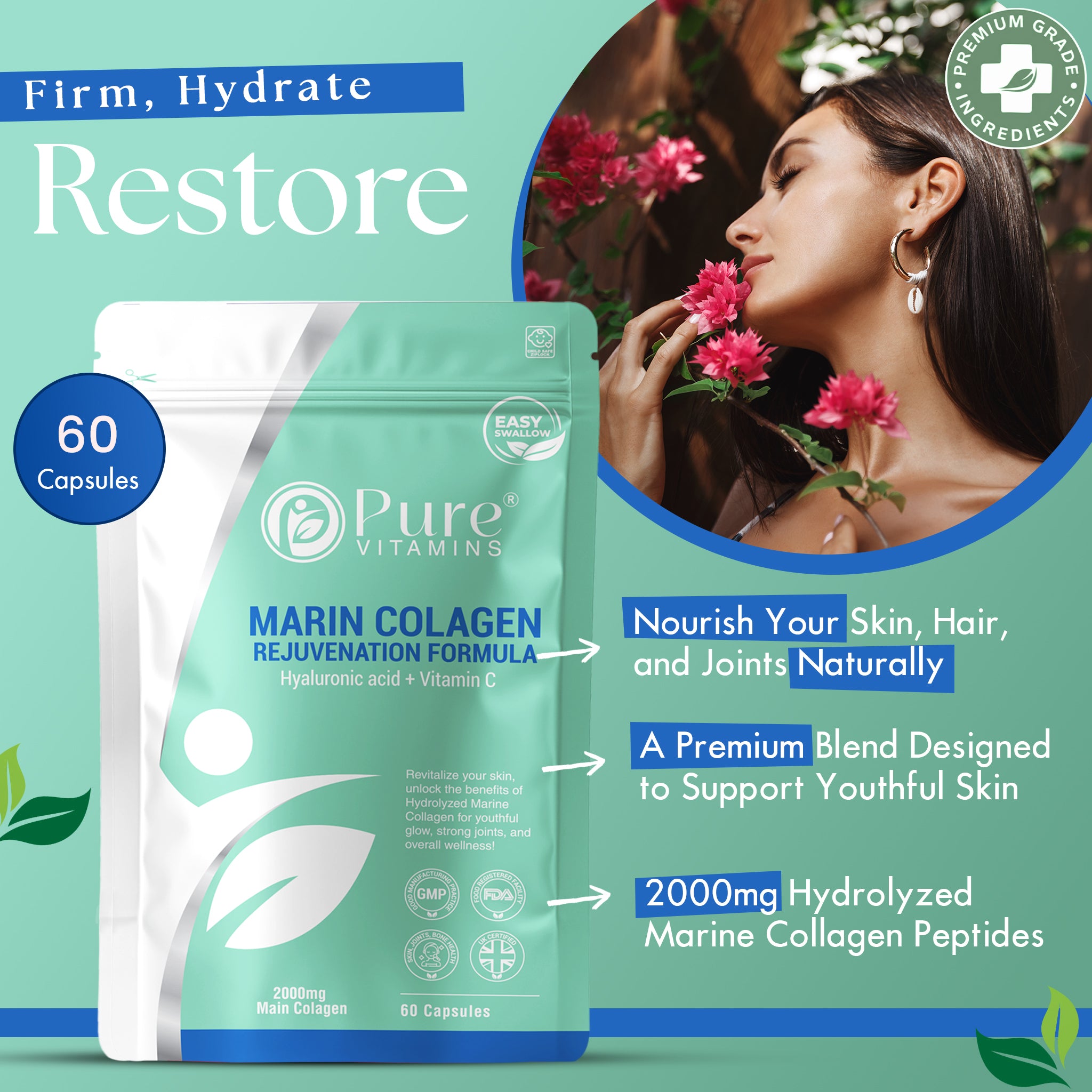 Hydrolysed Marine Collagen Capsules | Pure Vitamins - Support Skin, Hair & Joint Health