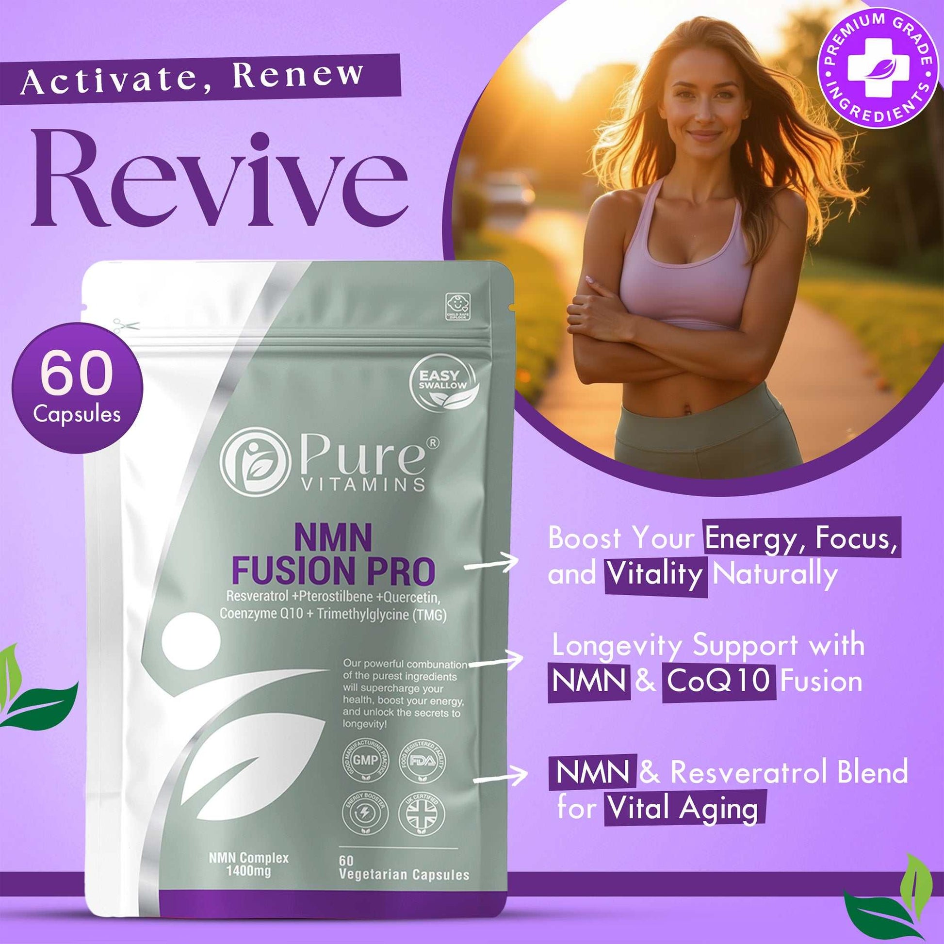 NMN Fusion Pro supplement pouch — 60 vegan capsules, premium grade ingredients, NMN Complex 1400mg, Pure Vitamins UK