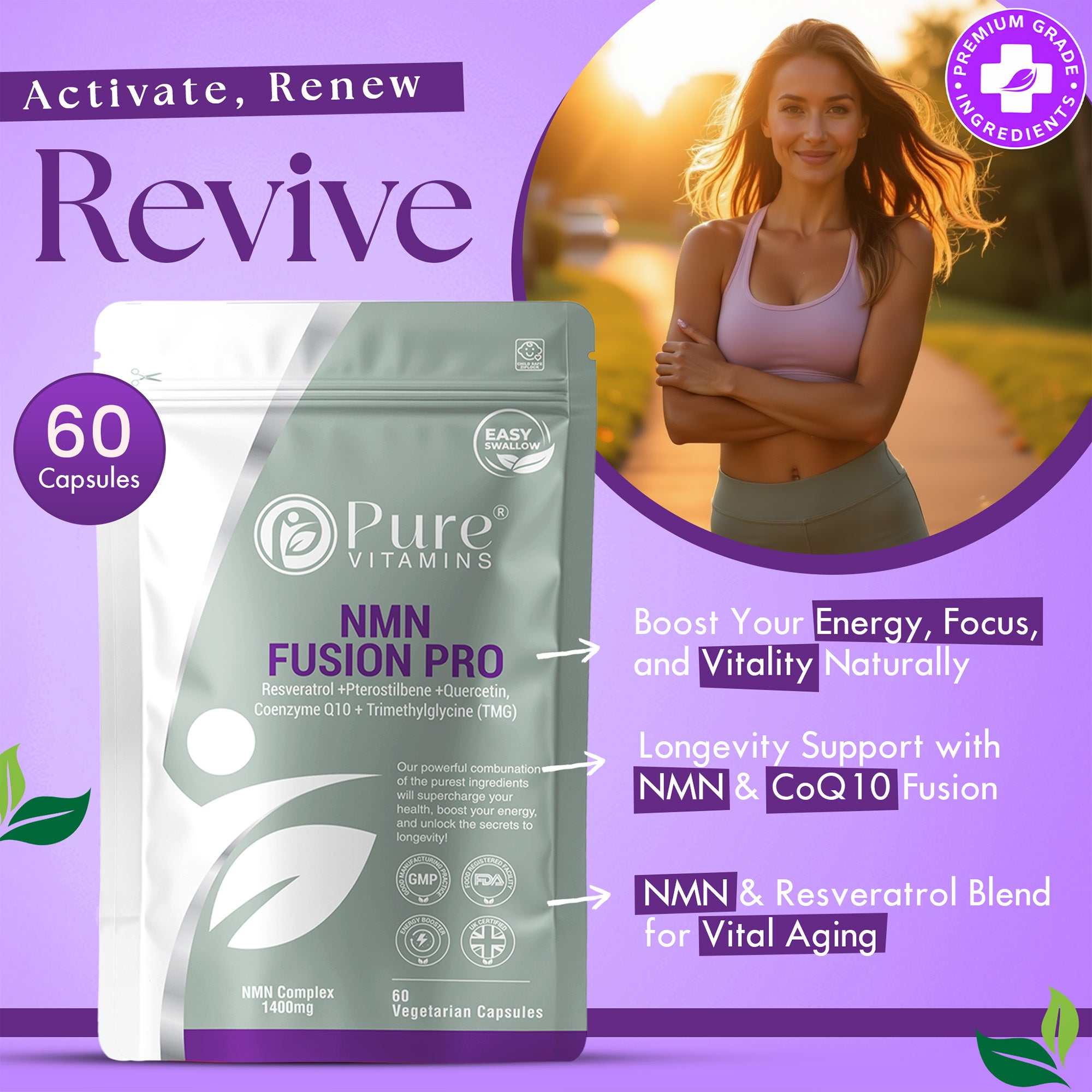 NMN Fusion Pro supplement pouch — 60 vegan capsules, premium grade ingredients, NMN Complex 1400mg, Pure Vitamins UK