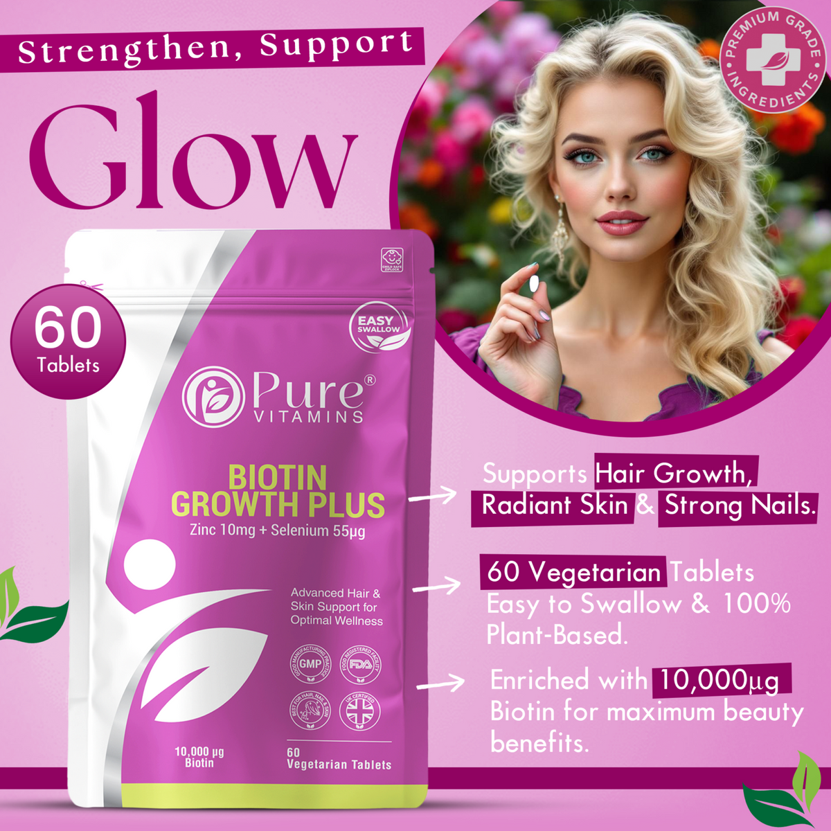 Biotin Zinc Selenium tablets bottle supporting hair skin and nail health by Pure Vitamins UK