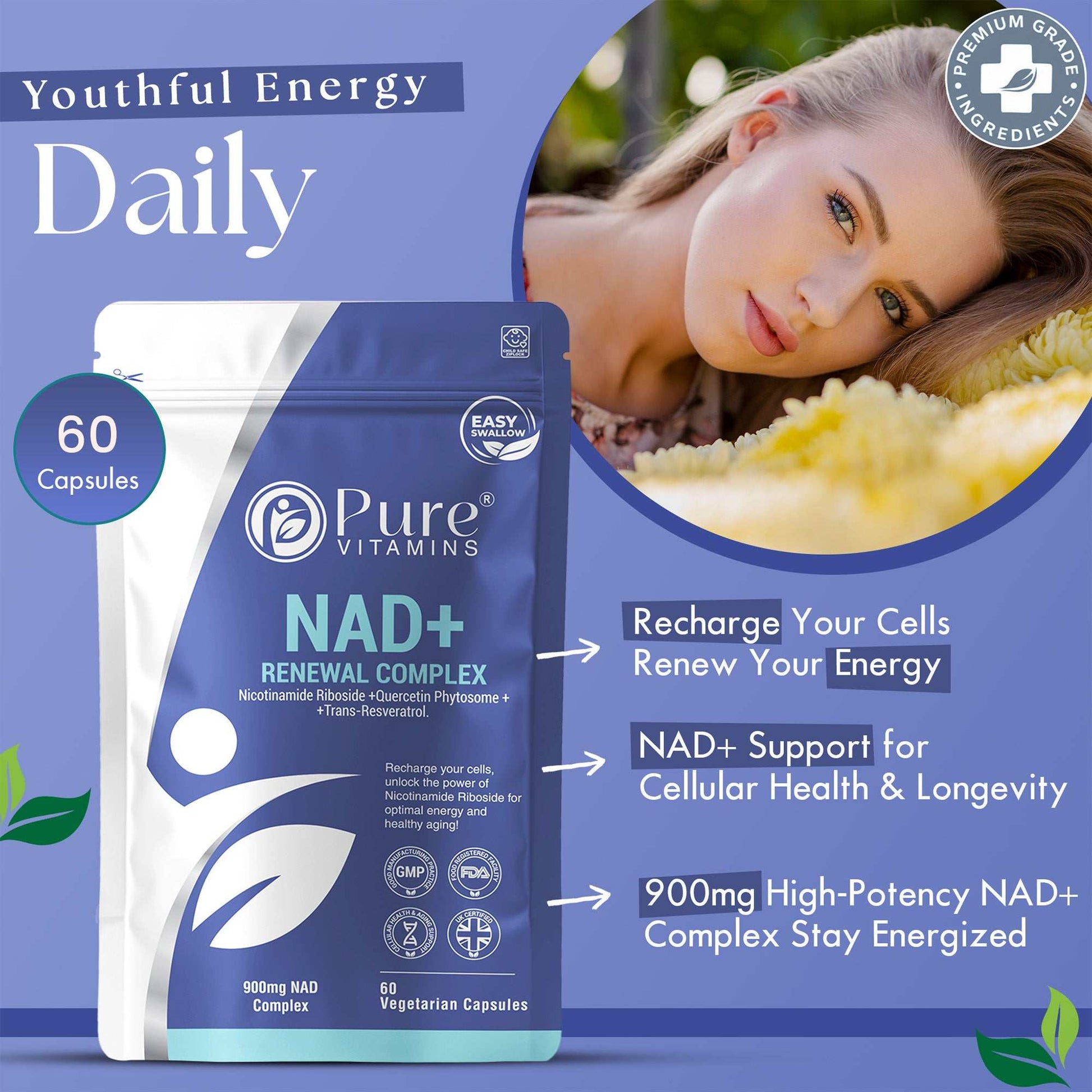 Nicotinamide riboside supplement with NAD+ precursor complex, high-potency formula