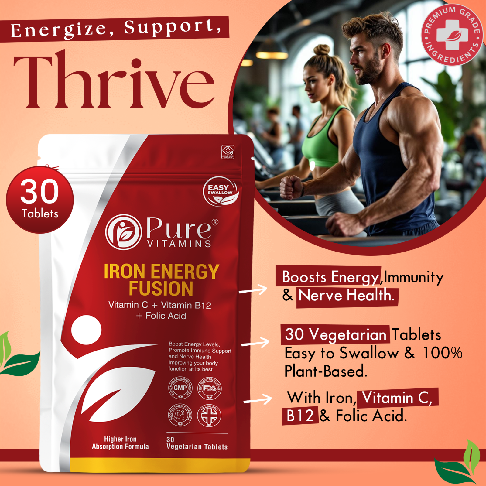 Pouch of iron tablets with Vitamin C, B12, and folic acid by Pure Vitamins UK