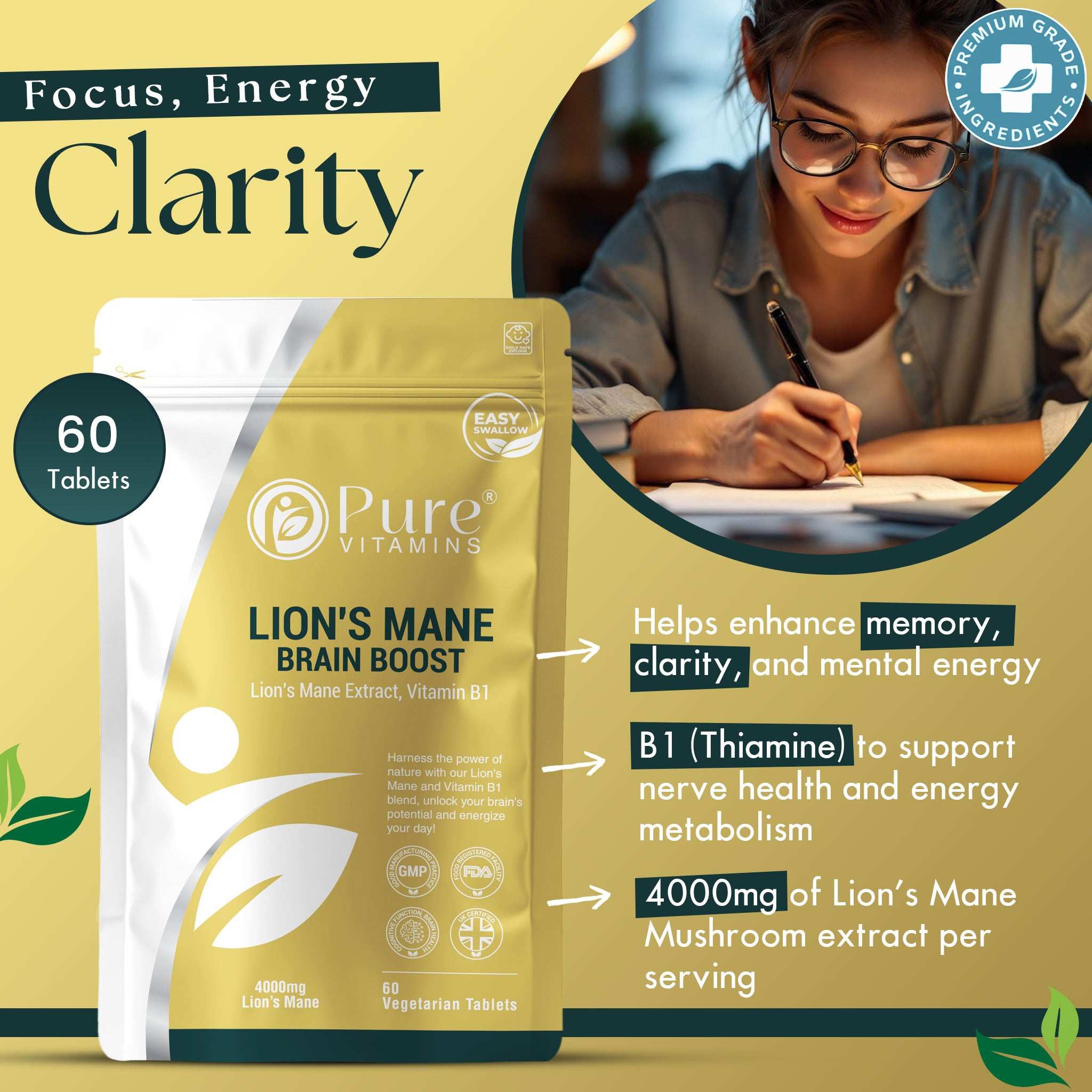 Pure Vitamins Lion’s Mane Tablets bottle with cognitive support and focus booster supplement label