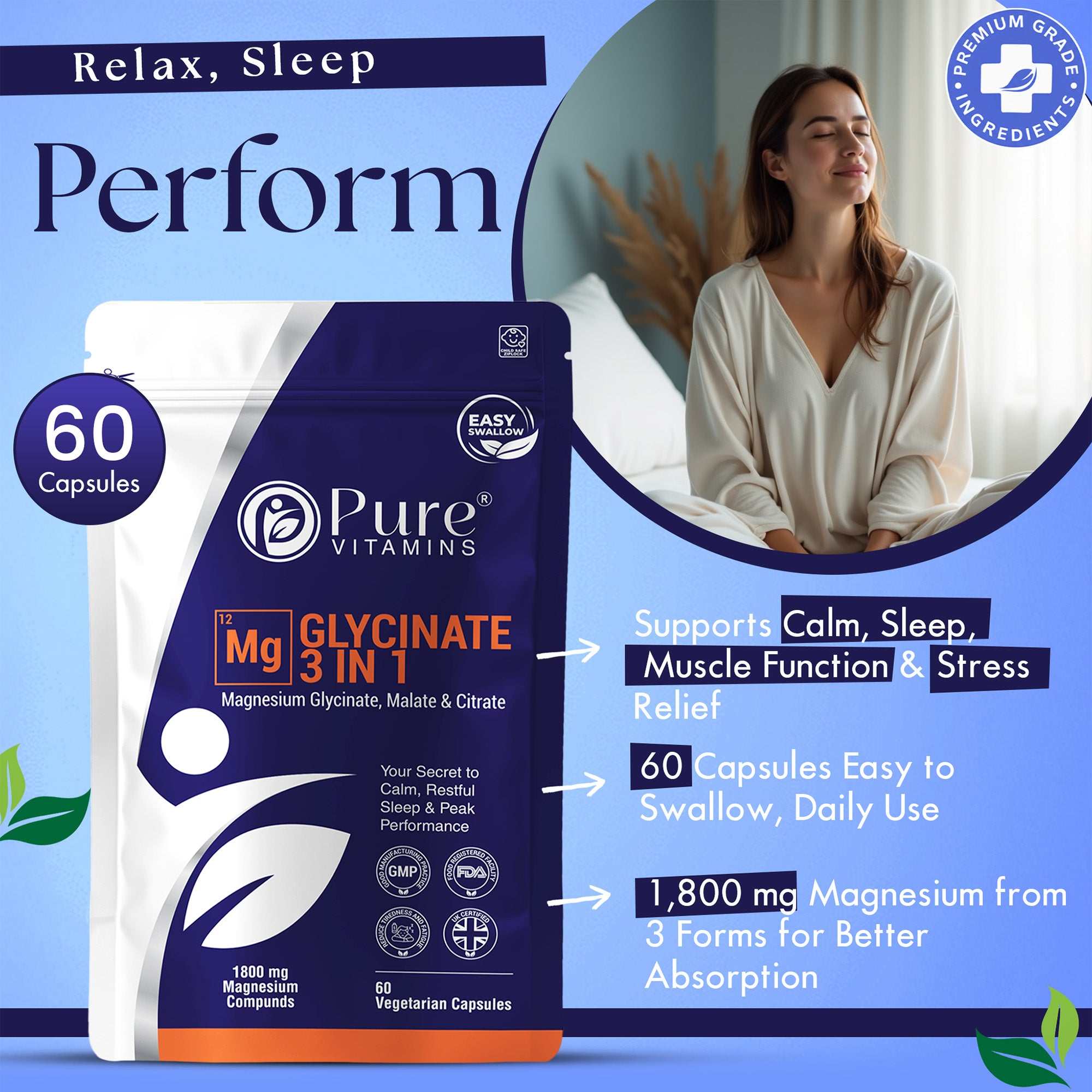 Pure Vitamins Magnesium Glycinate 3-in-1 supplement — 60 capsules, 1800mg magnesium compounds from three bioavailable forms for daily use