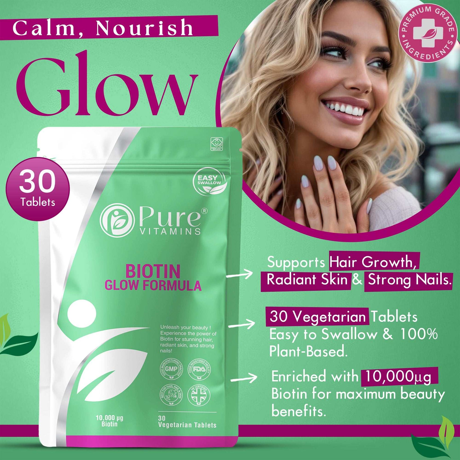 Biotin Glow Formula supplement with 10,000µg biotin, zinc, selenium for hair growth, radiant skin, and strong nails, 30 vegetarian tablets.