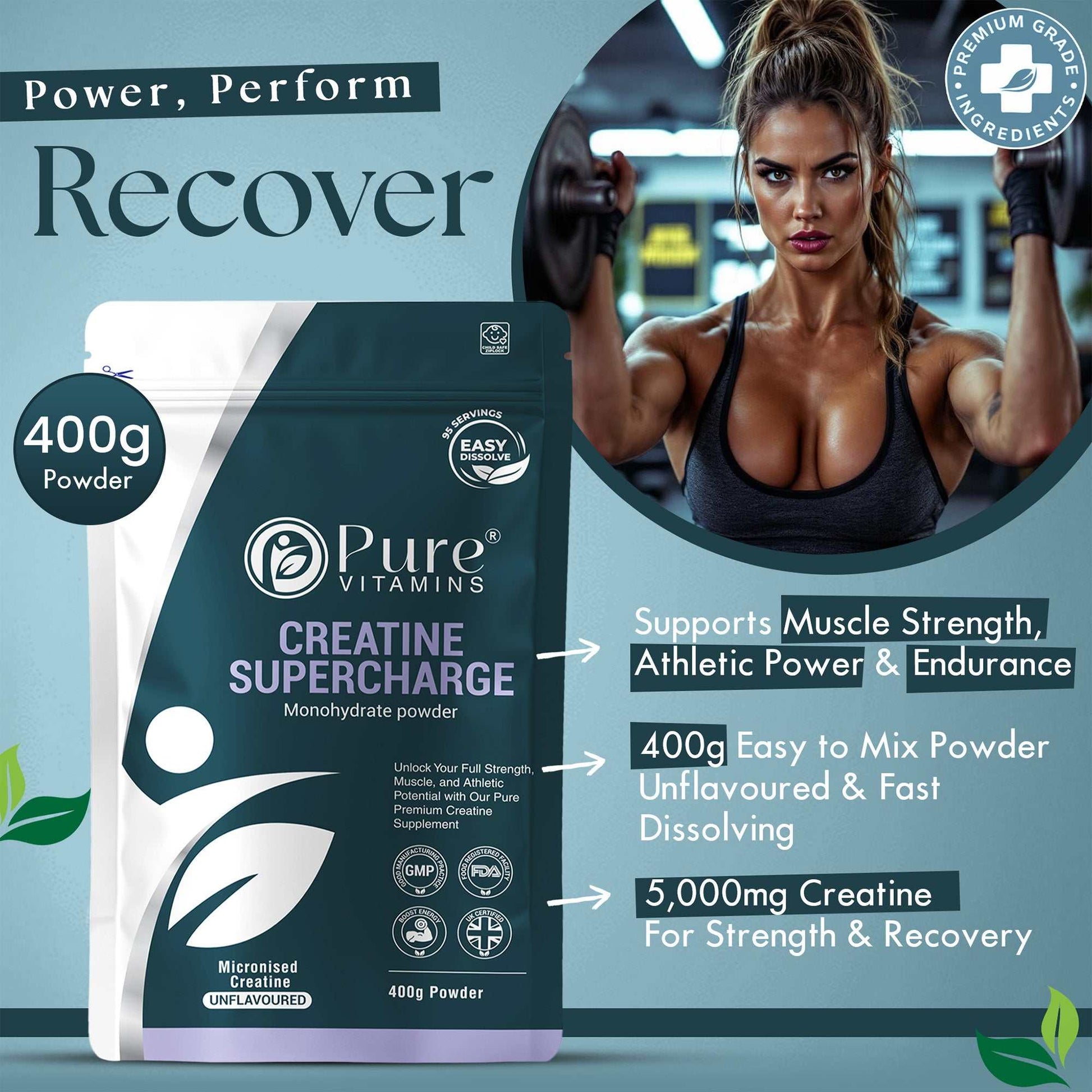 Micronised creatine monohydrate powder for muscle strength, athletic power, endurance, and fast dissolving recovery supplement.